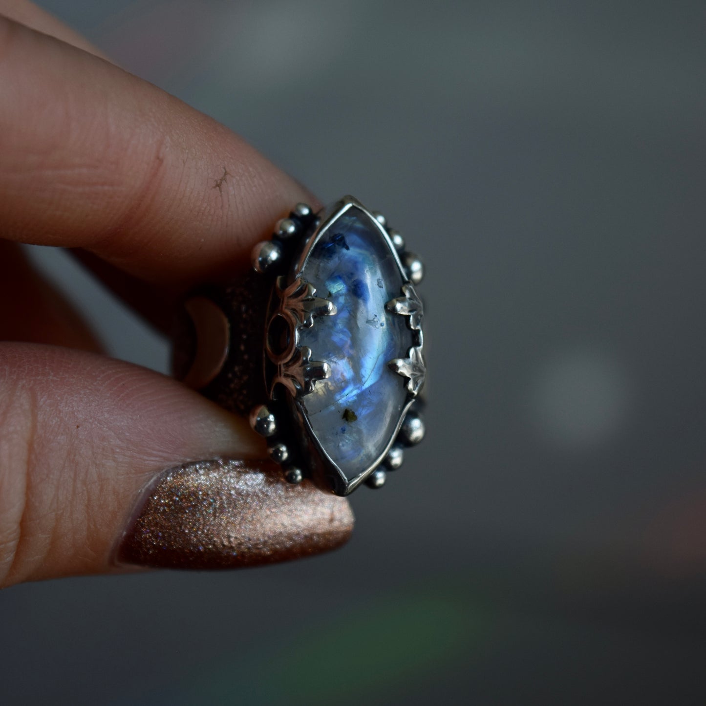 Lunar Phase Statement Ring with Rainbow Moonstone size 7.25