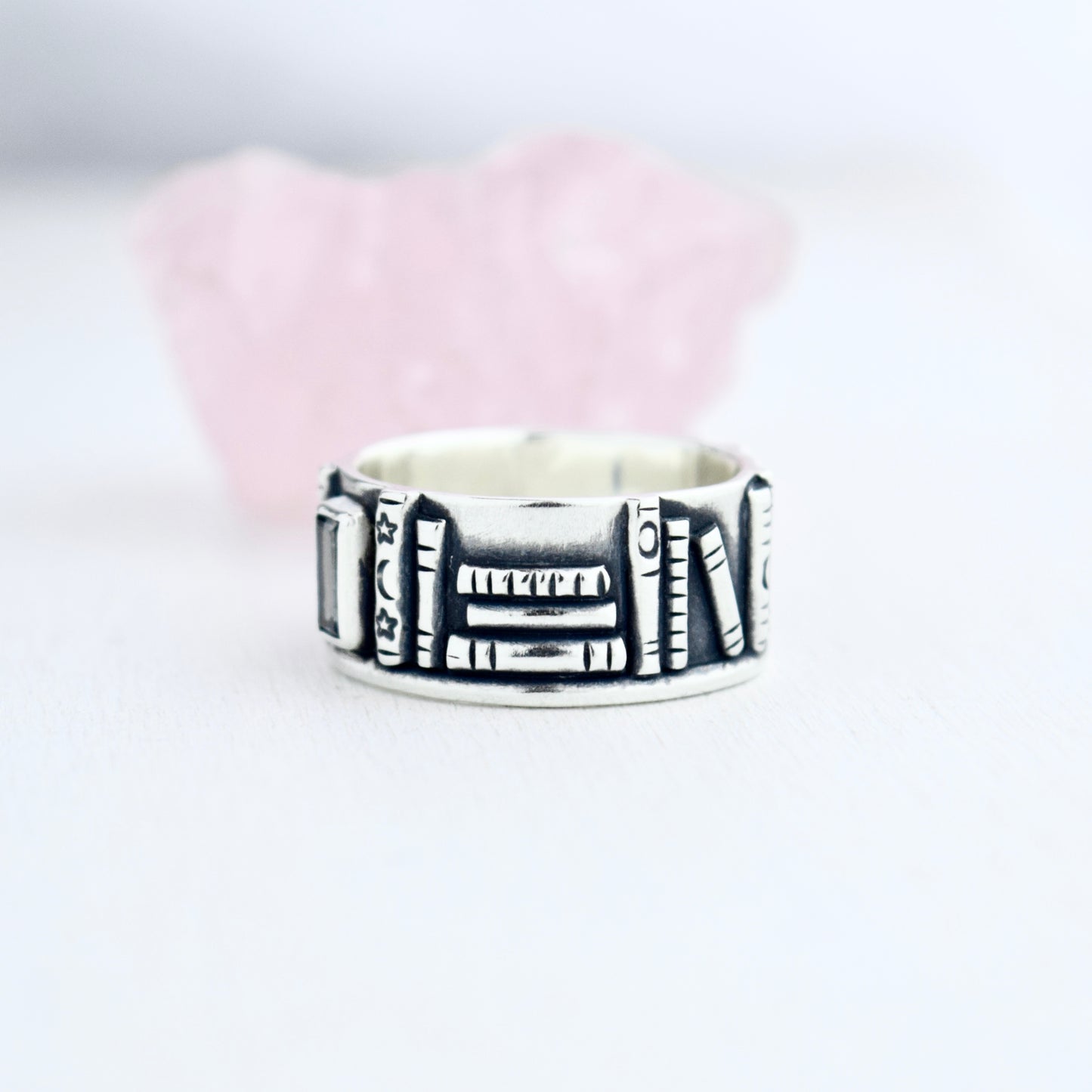 Bookshelf Ring Band with Blue Topaz and Blue Tourmaline Size 8