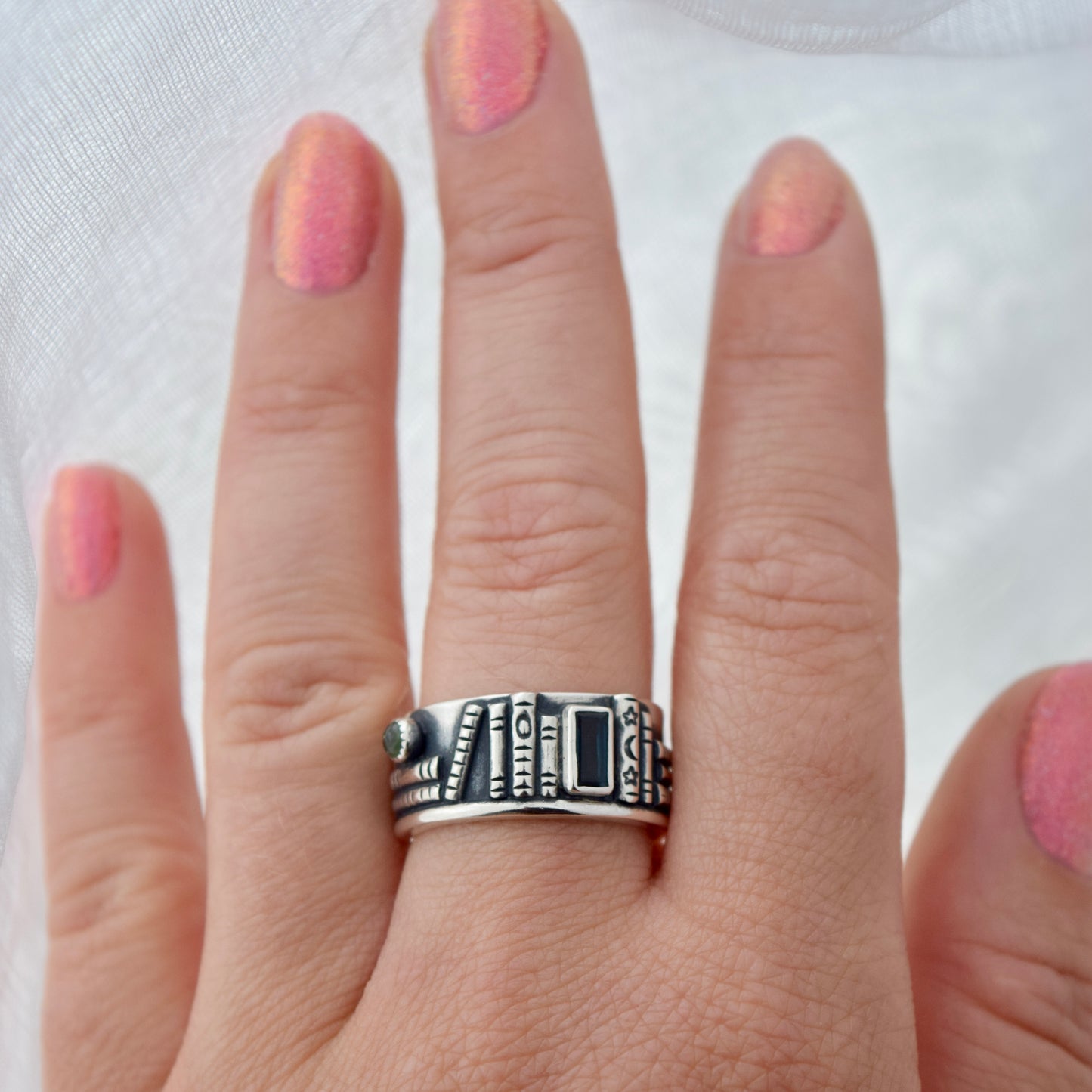 Bookshelf Ring Band with Blue Topaz and Blue Tourmaline Size 8