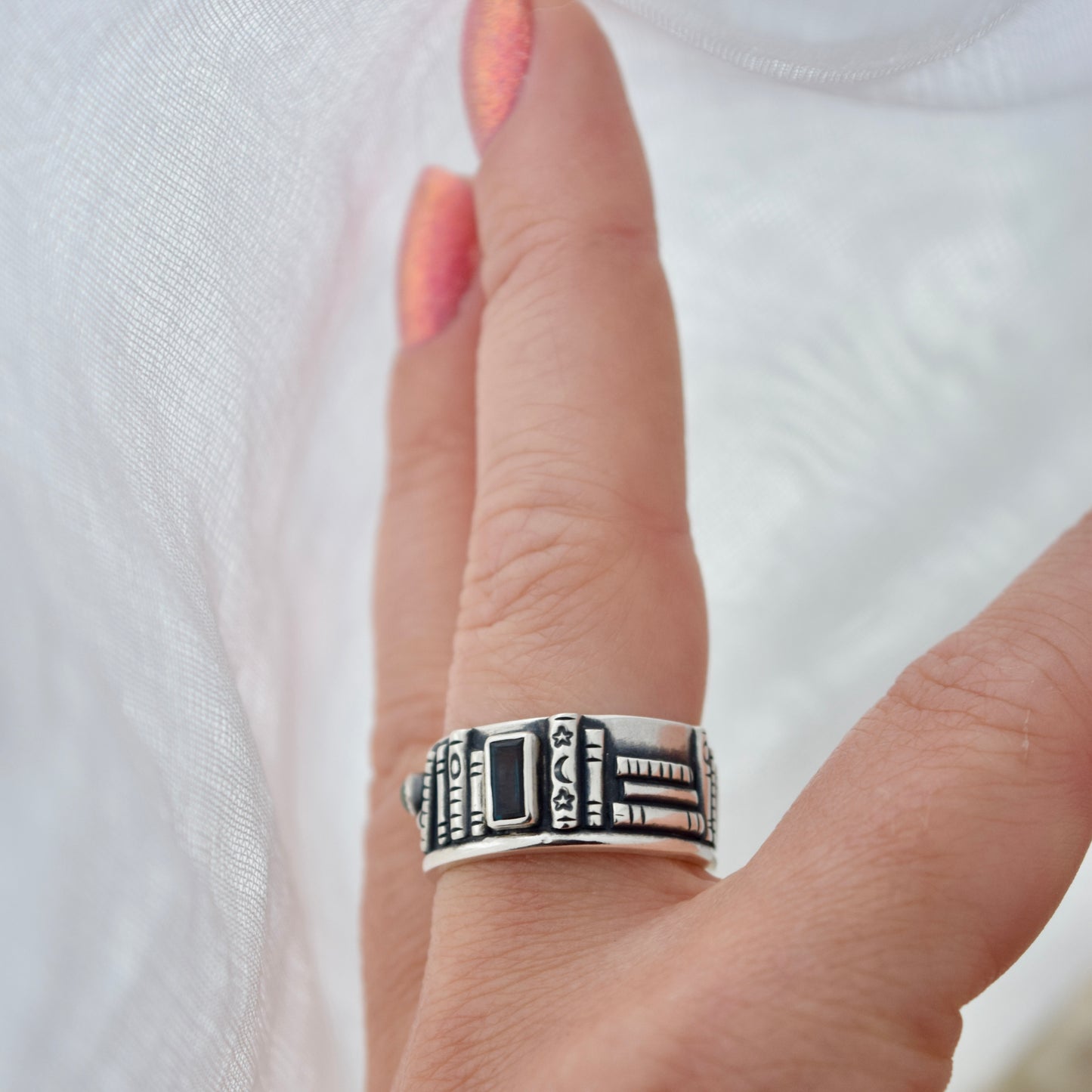 Bookshelf Ring Band with Blue Topaz and Blue Tourmaline Size 8