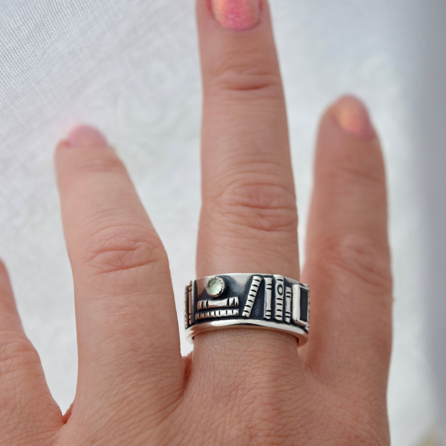 Bookshelf Ring Band with Blue Topaz and Blue Tourmaline Size 8