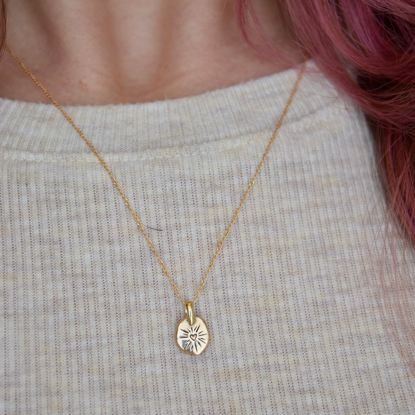 Heart Coin Necklace with 18k Solid Yellow Gold and Gold Fill Chain