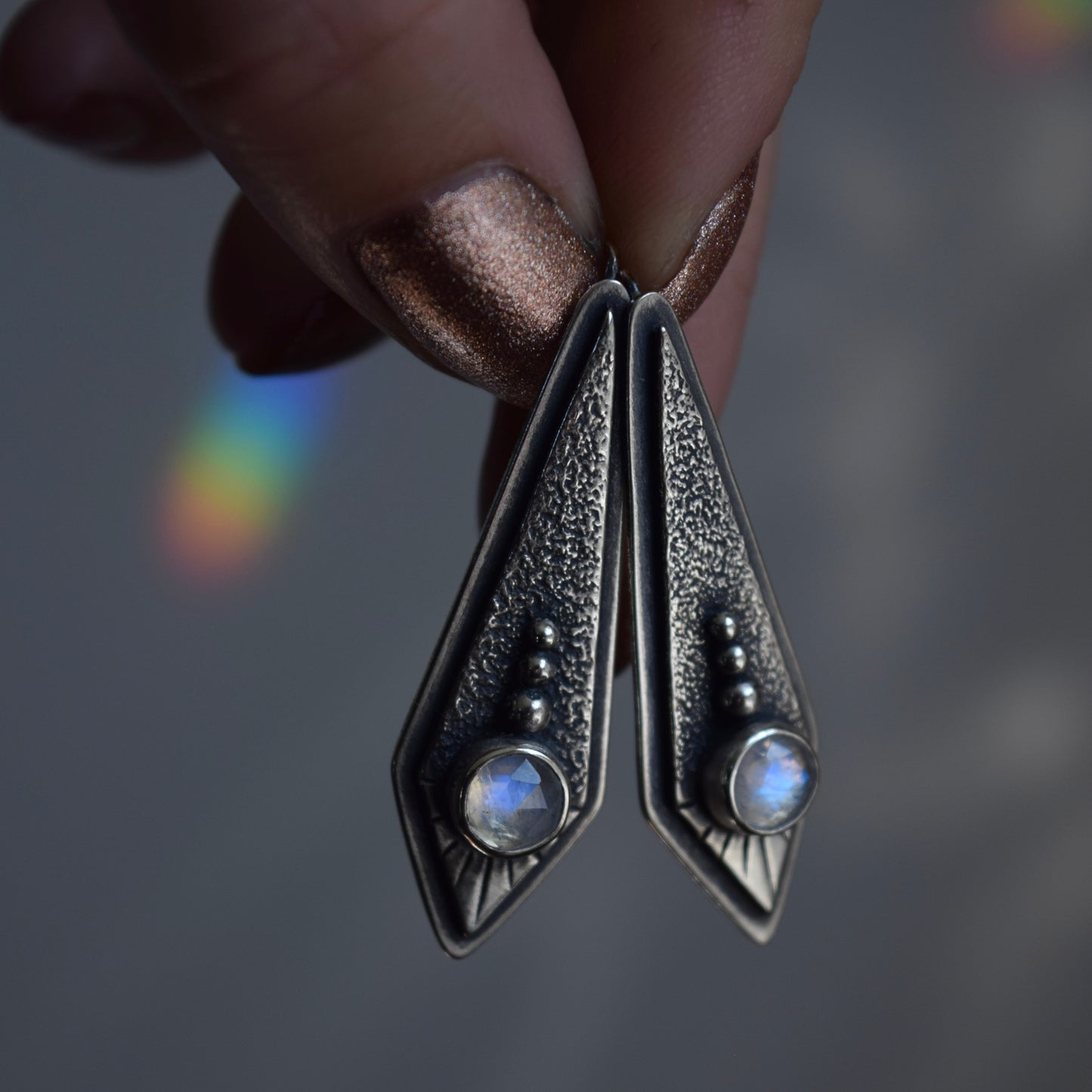 The Fallen Star Earrings with Rainbow Moonstone