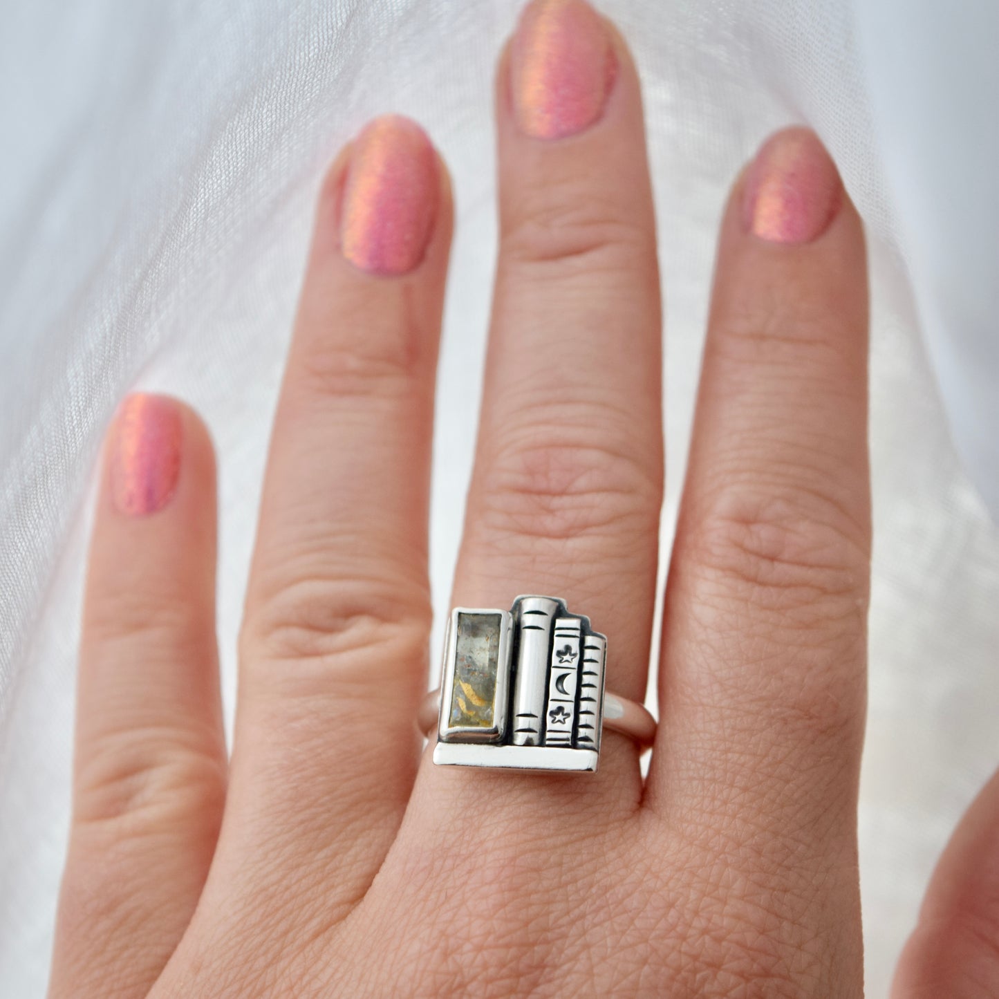 Bookshelf Ring with Kintsugi Repaired Faceted Sunstone Size 7.5