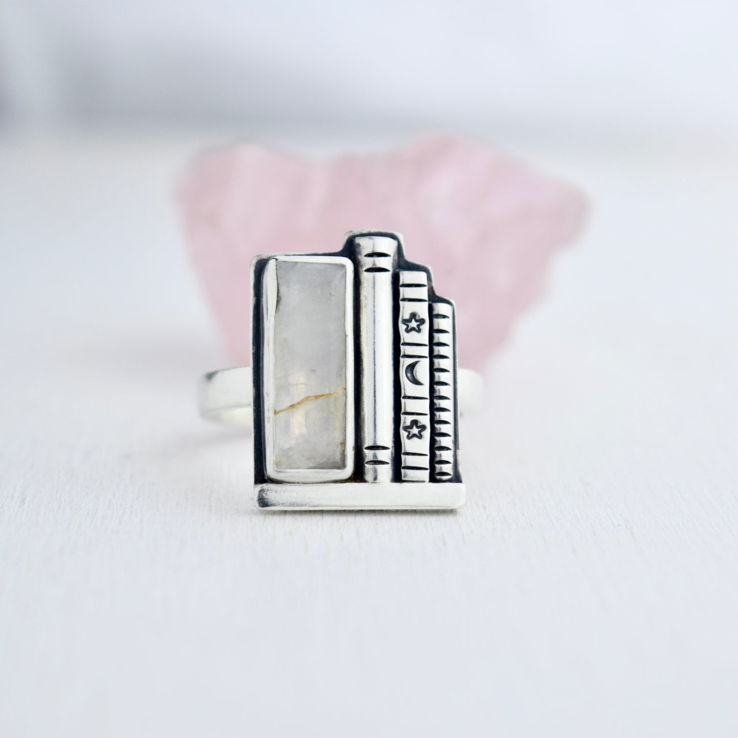 Bookshelf Ring with Kintsugi Repaired Rainbow Moonstone Size 9.5