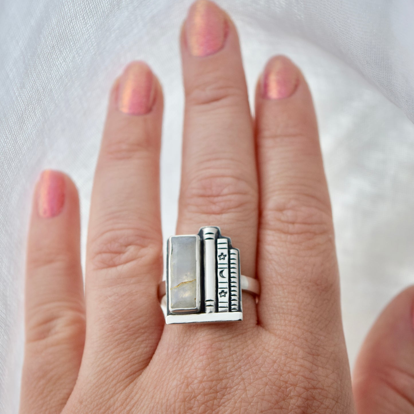 Bookshelf Ring with Kintsugi Repaired Rainbow Moonstone Size 9.5