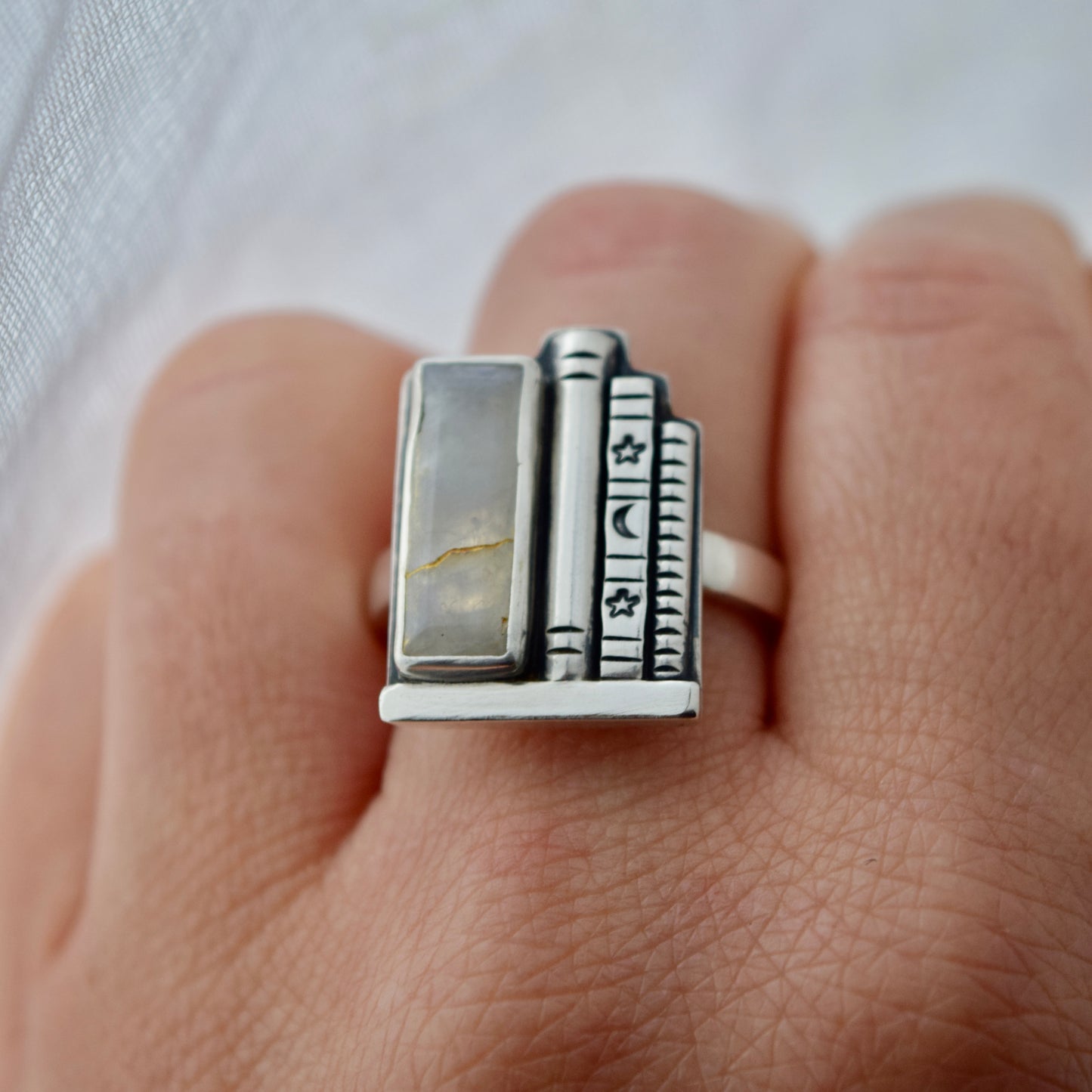 Bookshelf Ring with Kintsugi Repaired Rainbow Moonstone Size 9.5