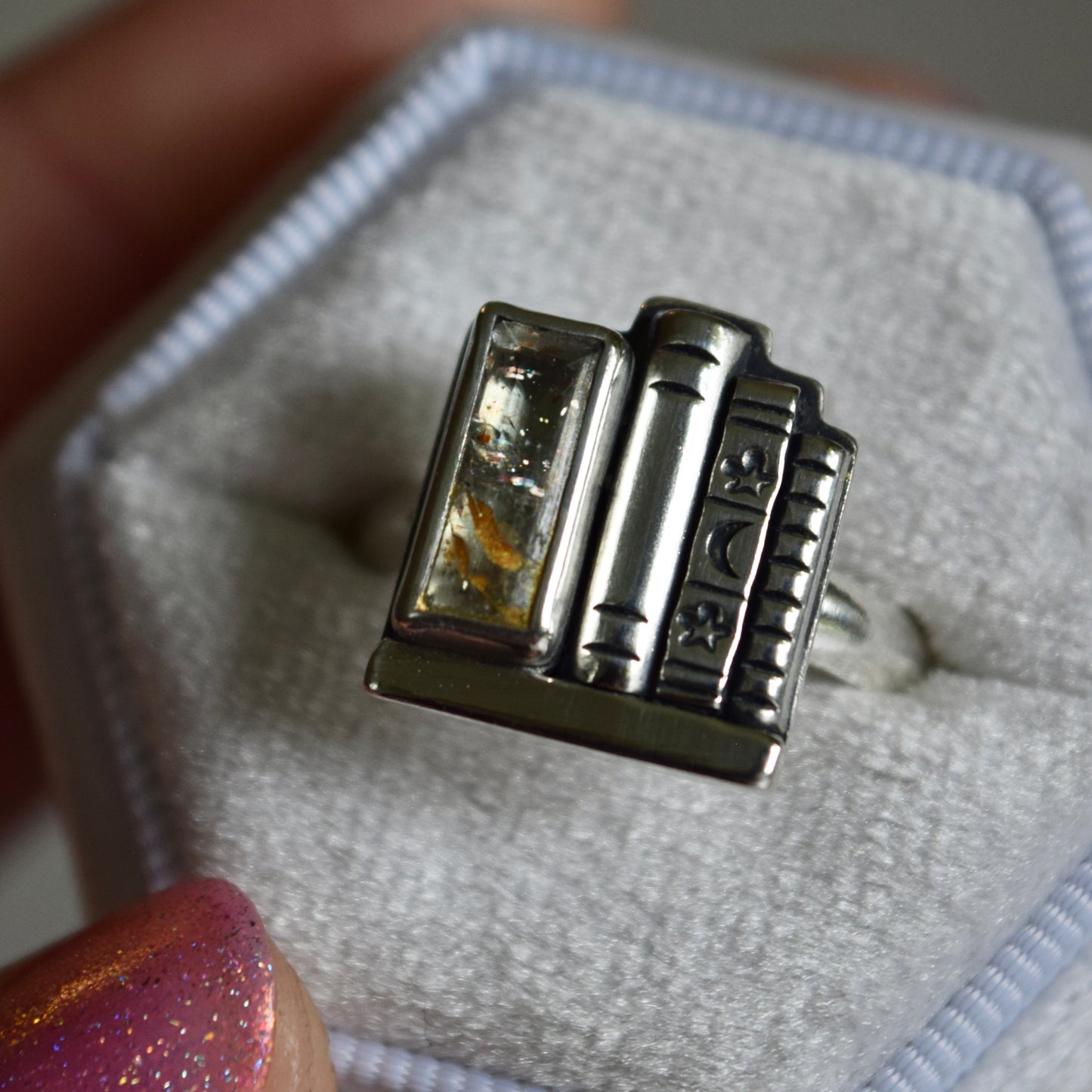 Bookshelf Ring with Kintsugi Repaired Faceted Sunstone Size 7.5