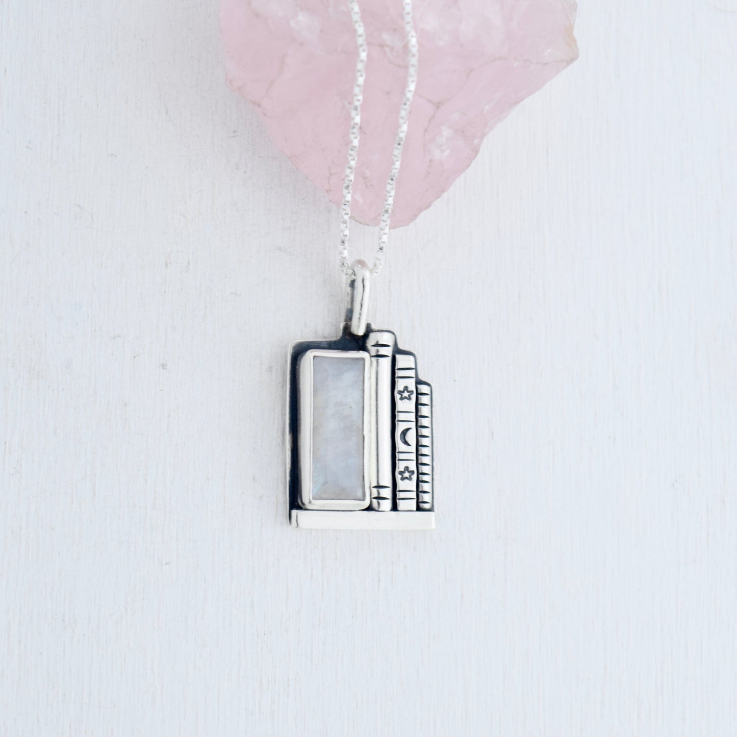 Bookshelf Necklace with Rainbow Moonstone