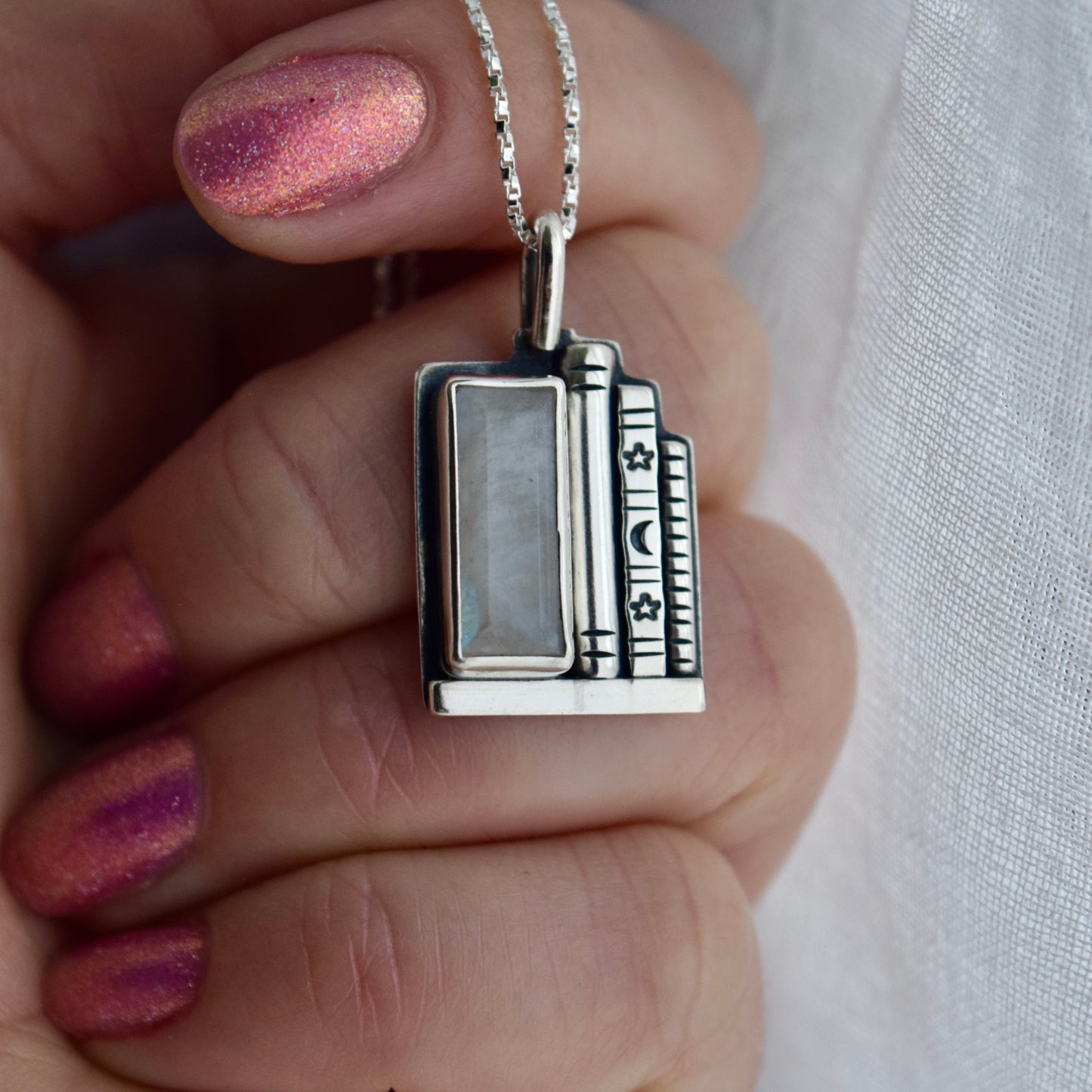 Bookshelf Necklace with Rainbow Moonstone