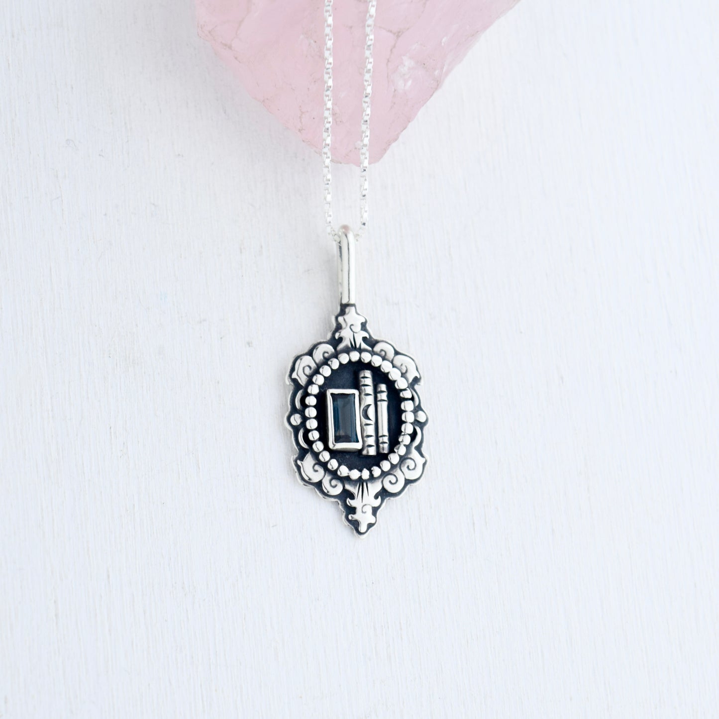 Bookshelf Cameo Necklace with Blue Topaz