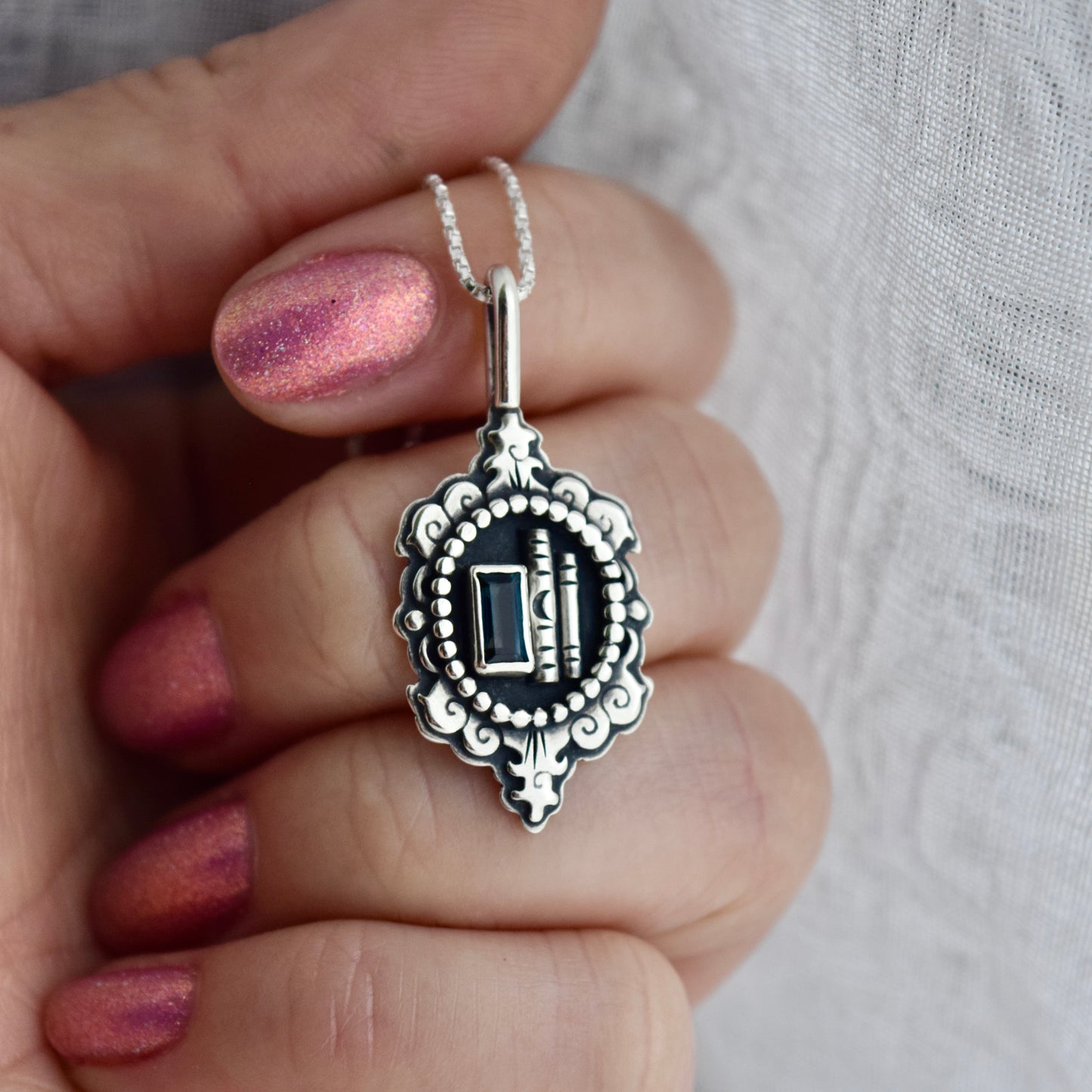 Bookshelf Cameo Necklace with Blue Topaz