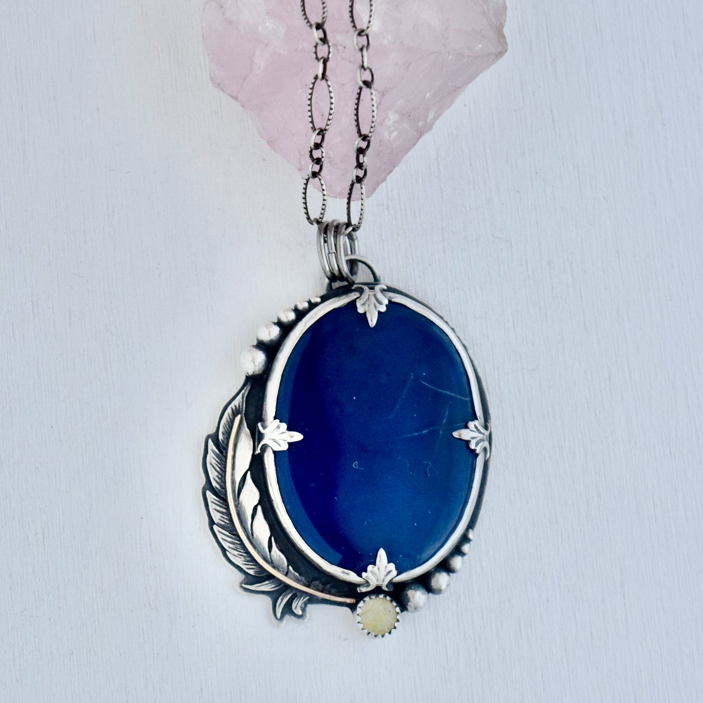 Eagle House Worry Stone Pendant with Blue Onyx, Golden Rutilated Quartz and Gold Fill