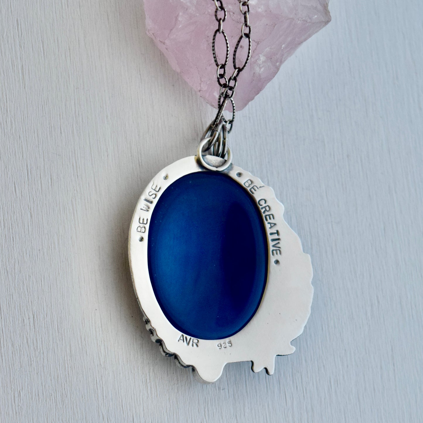 Eagle House Worry Stone Pendant with Blue Onyx, Golden Rutilated Quartz and Gold Fill