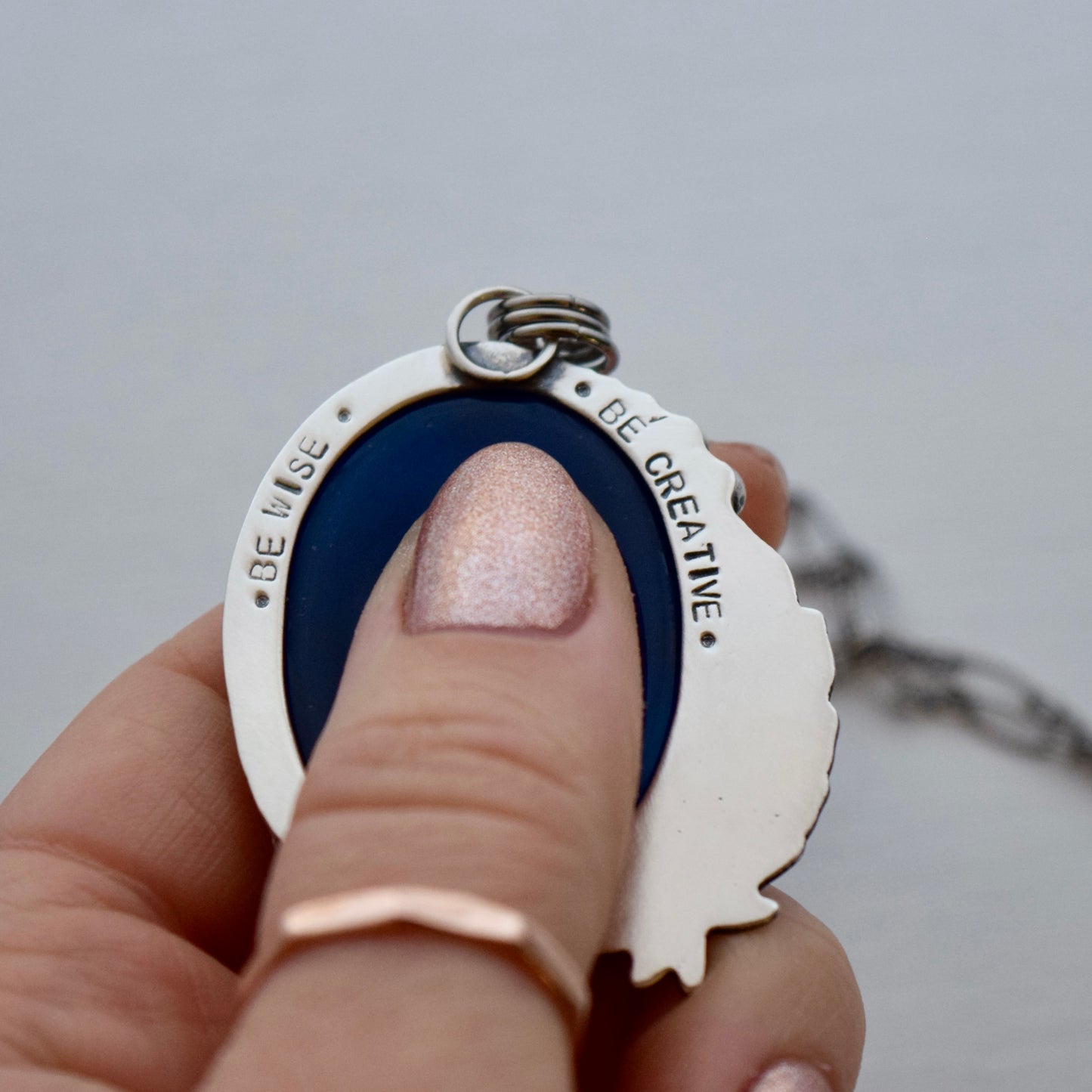 Eagle House Worry Stone Pendant with Blue Onyx, Golden Rutilated Quartz and Gold Fill