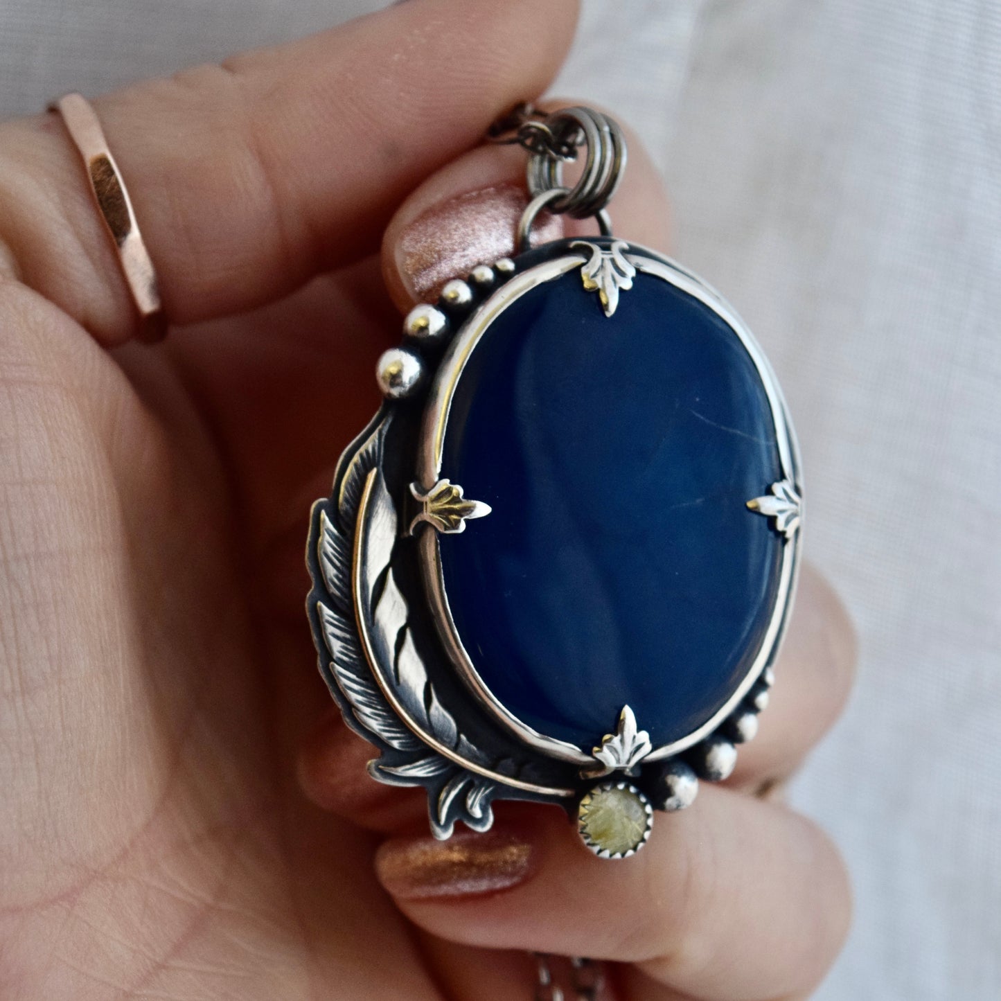 Eagle House Worry Stone Pendant with Blue Onyx, Golden Rutilated Quartz and Gold Fill
