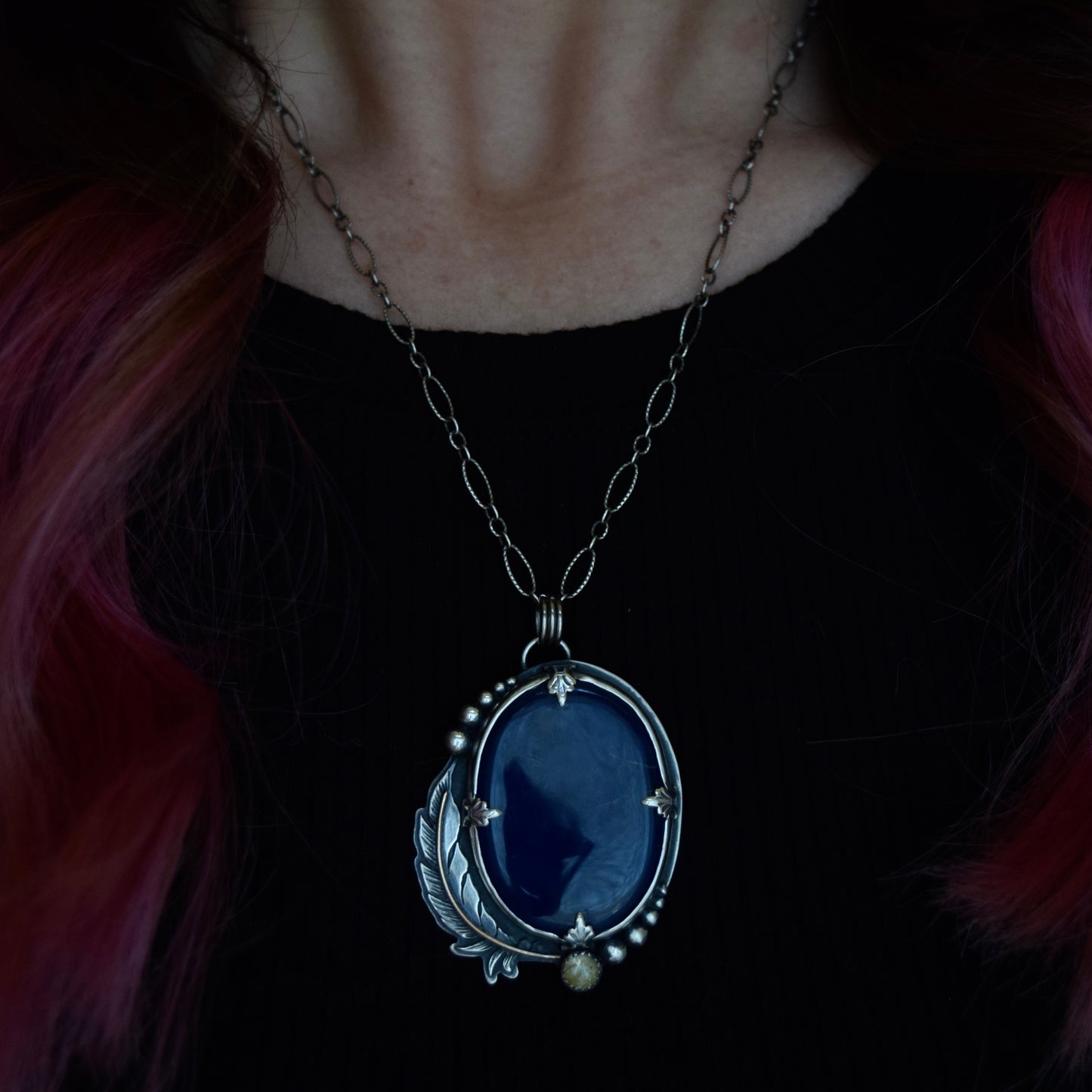 Eagle House Worry Stone Pendant with Blue Onyx, Golden Rutilated Quartz and Gold Fill