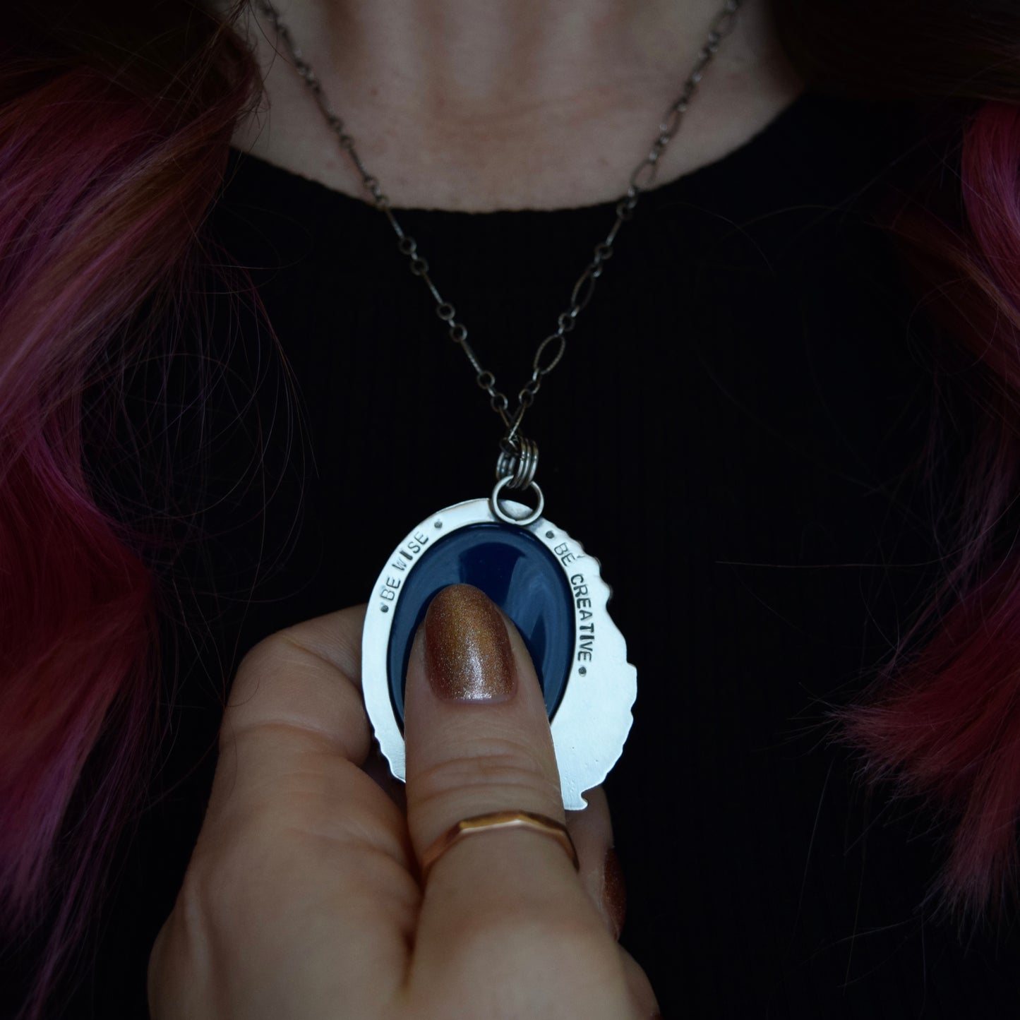Eagle House Worry Stone Pendant with Blue Onyx, Golden Rutilated Quartz and Gold Fill