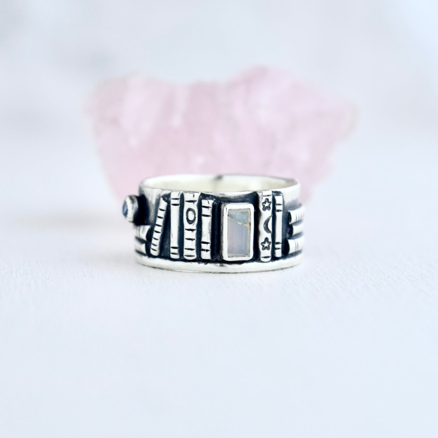Bookshelf Ring Band with Kintsugi Repaired Ethiopian Opal and Rainbow Moonstone Size 6.5