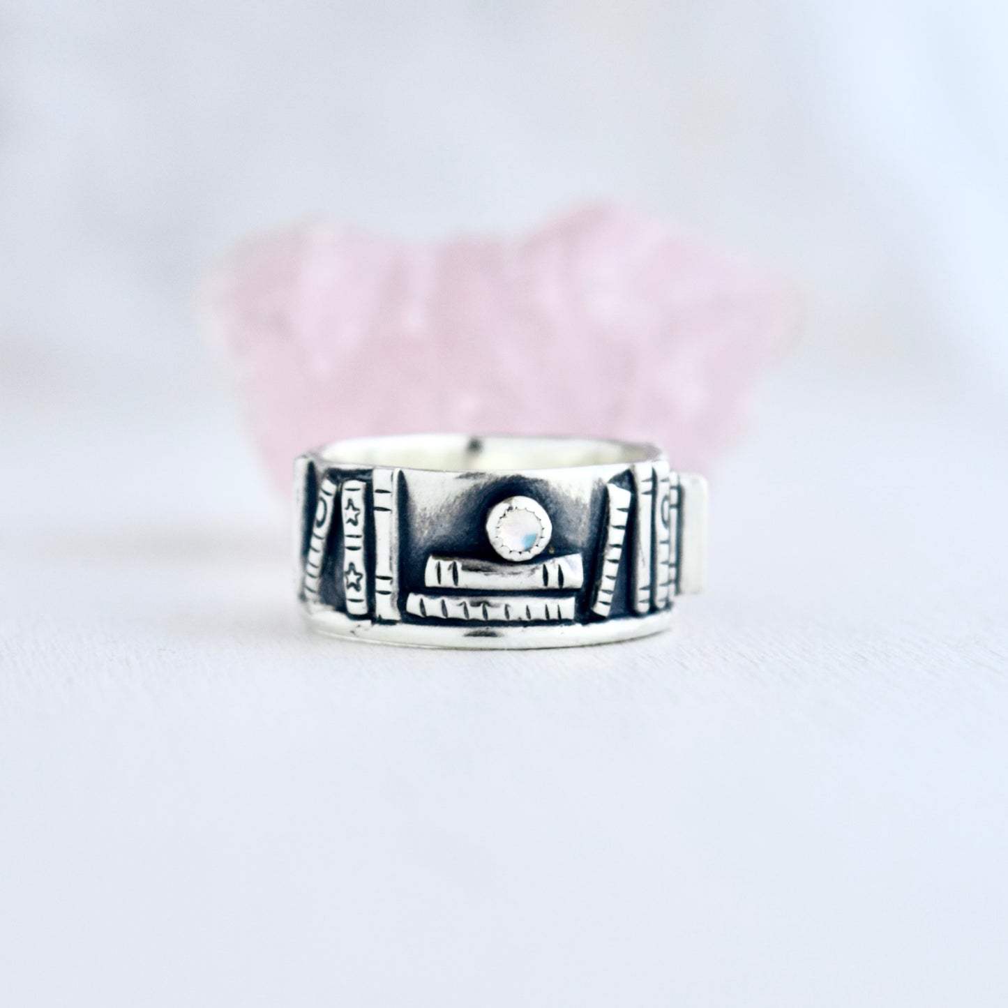 Bookshelf Ring Band with Kintsugi Repaired Ethiopian Opal and Rainbow Moonstone Size 6.5