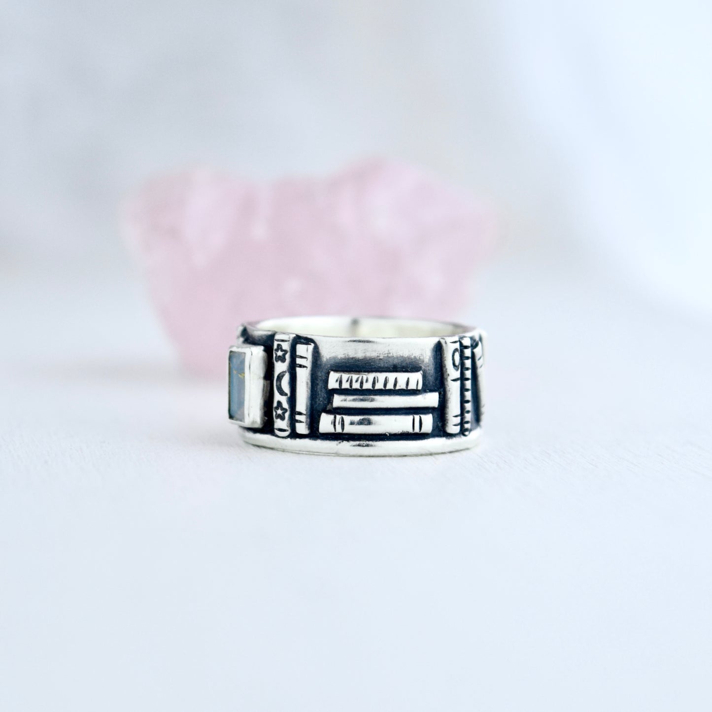 Bookshelf Ring Band with Kintsugi Repaired Ethiopian Opal and Rainbow Moonstone Size 6.5