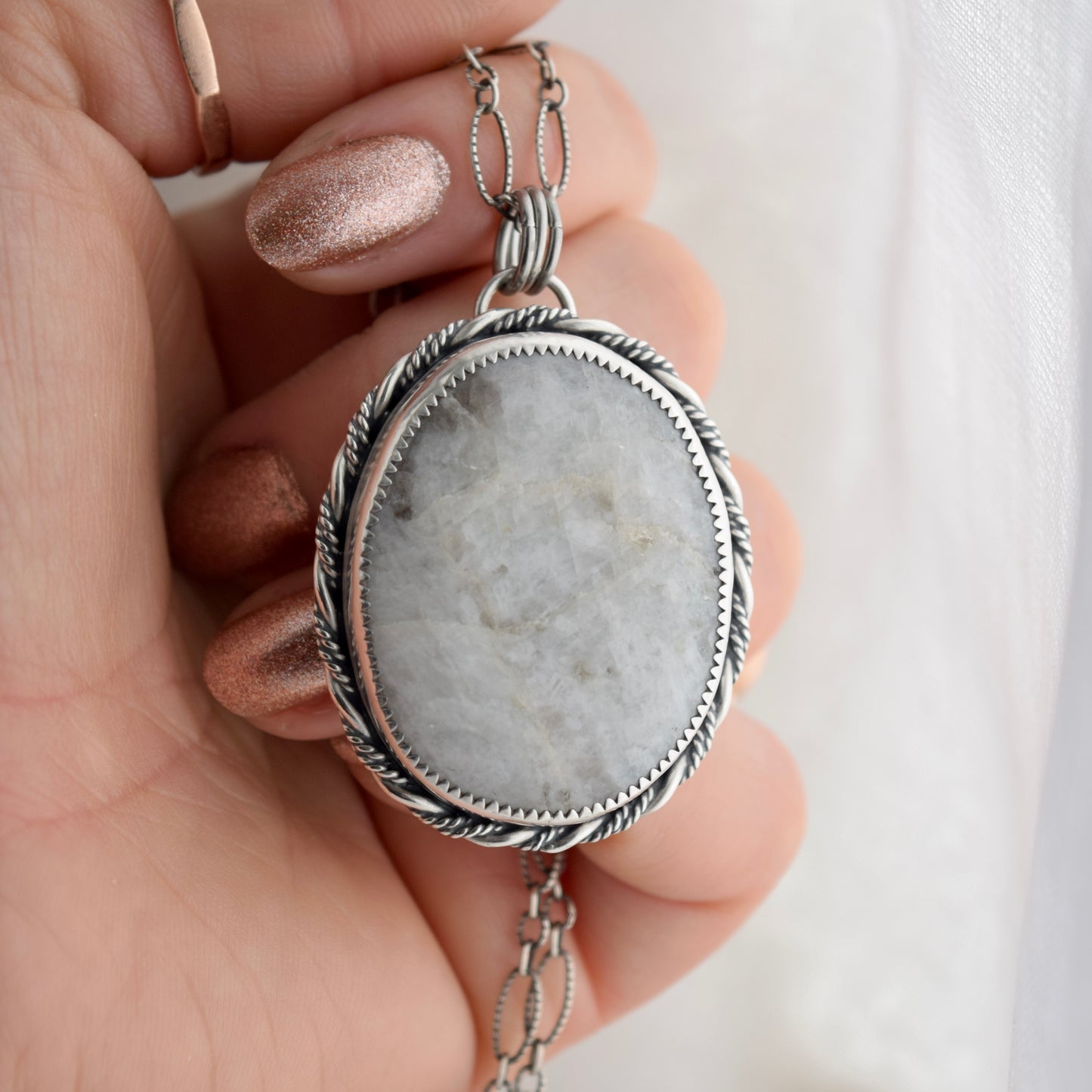 Worry Stone Pendant with Rainbow Moonstone