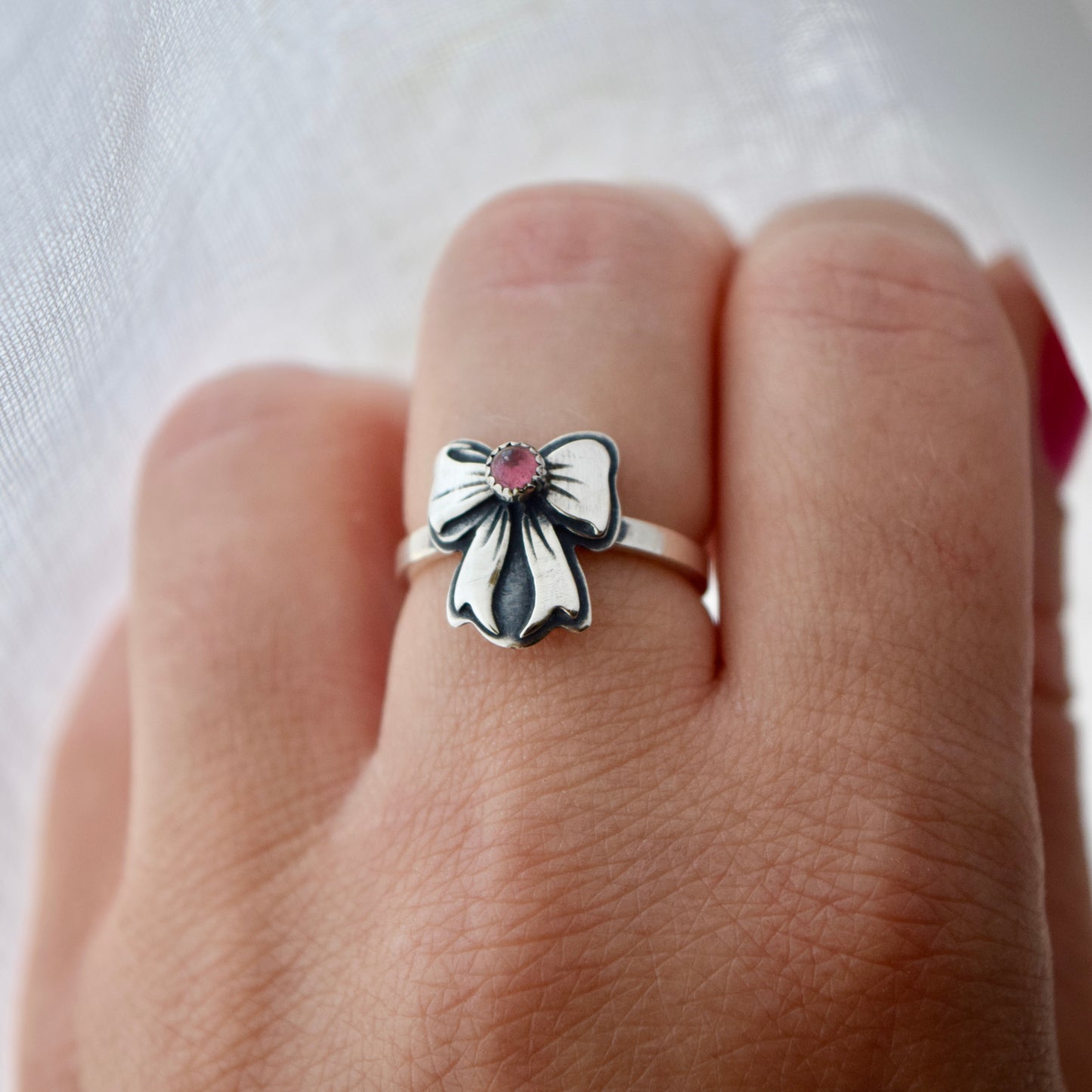 Pink Tourmaline Bow Ring Size 6
