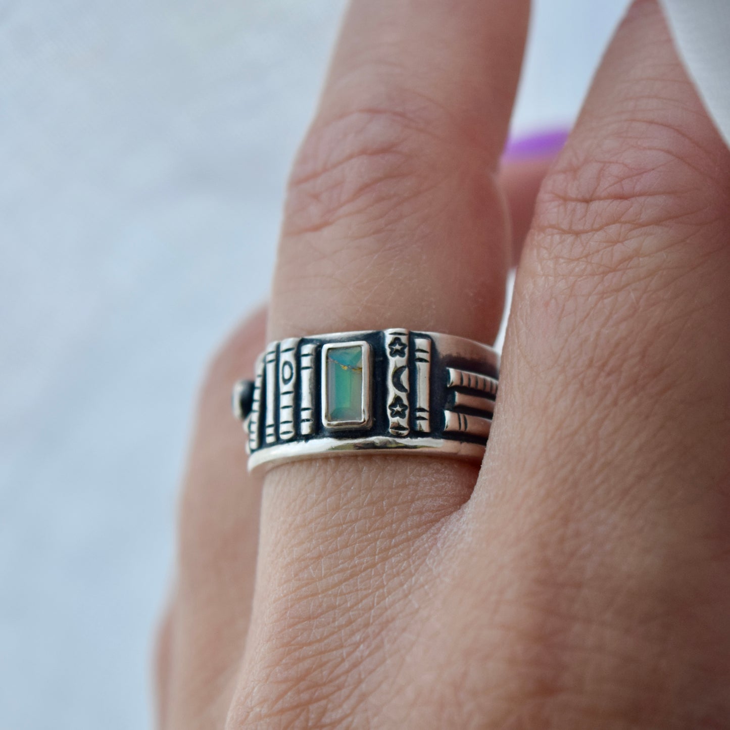 Bookshelf Ring Band with Kintsugi Repaired Ethiopian Opal and Rainbow Moonstone Size 6.5