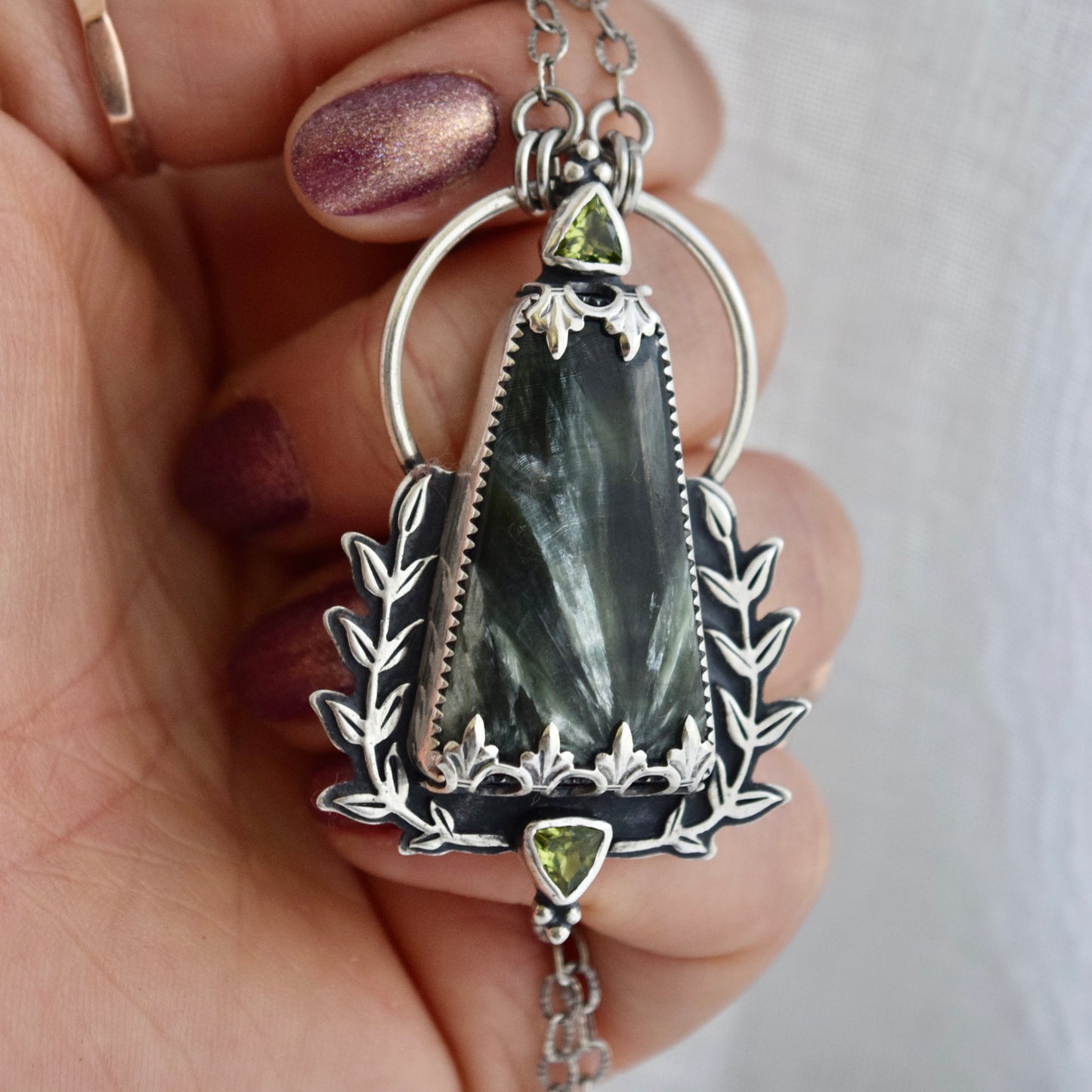 Vine Statement Pendant with Seraphinite and Peridot