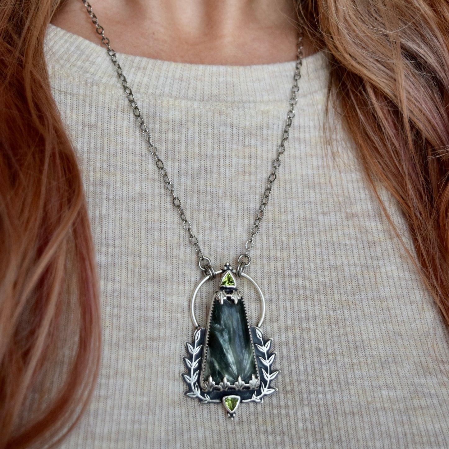 Vine Statement Pendant with Seraphinite and Peridot