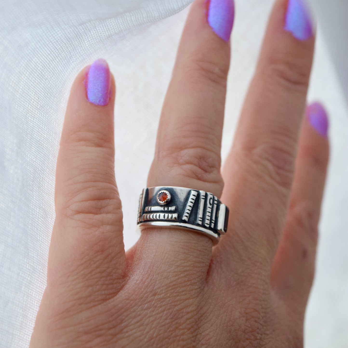 Bookshelf Ring Band with Garnet Size 5.25