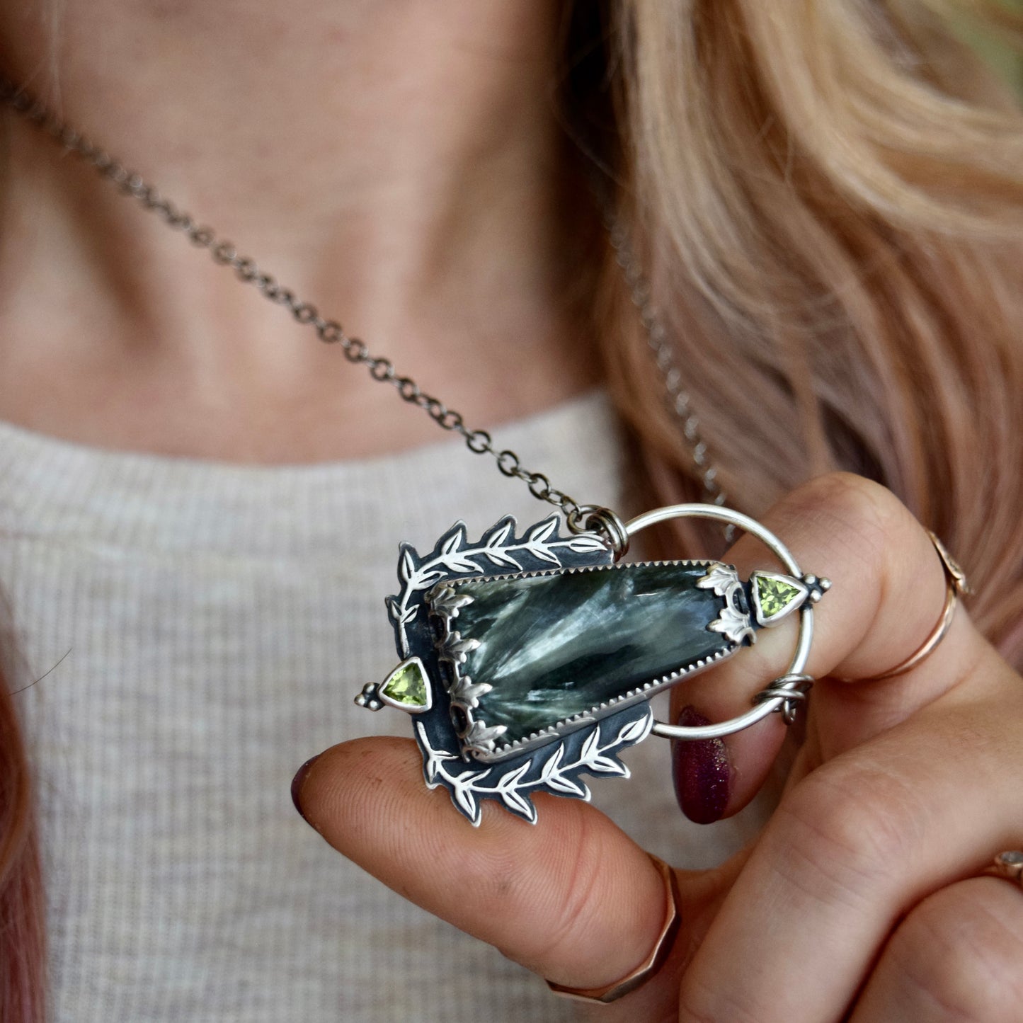 Vine Statement Pendant with Seraphinite and Peridot