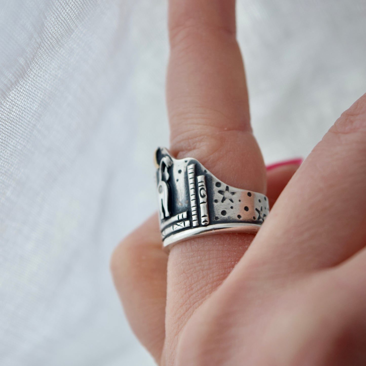 Library Cat Butthole Shield Ring with Gold Fill and Moissanite Size 6