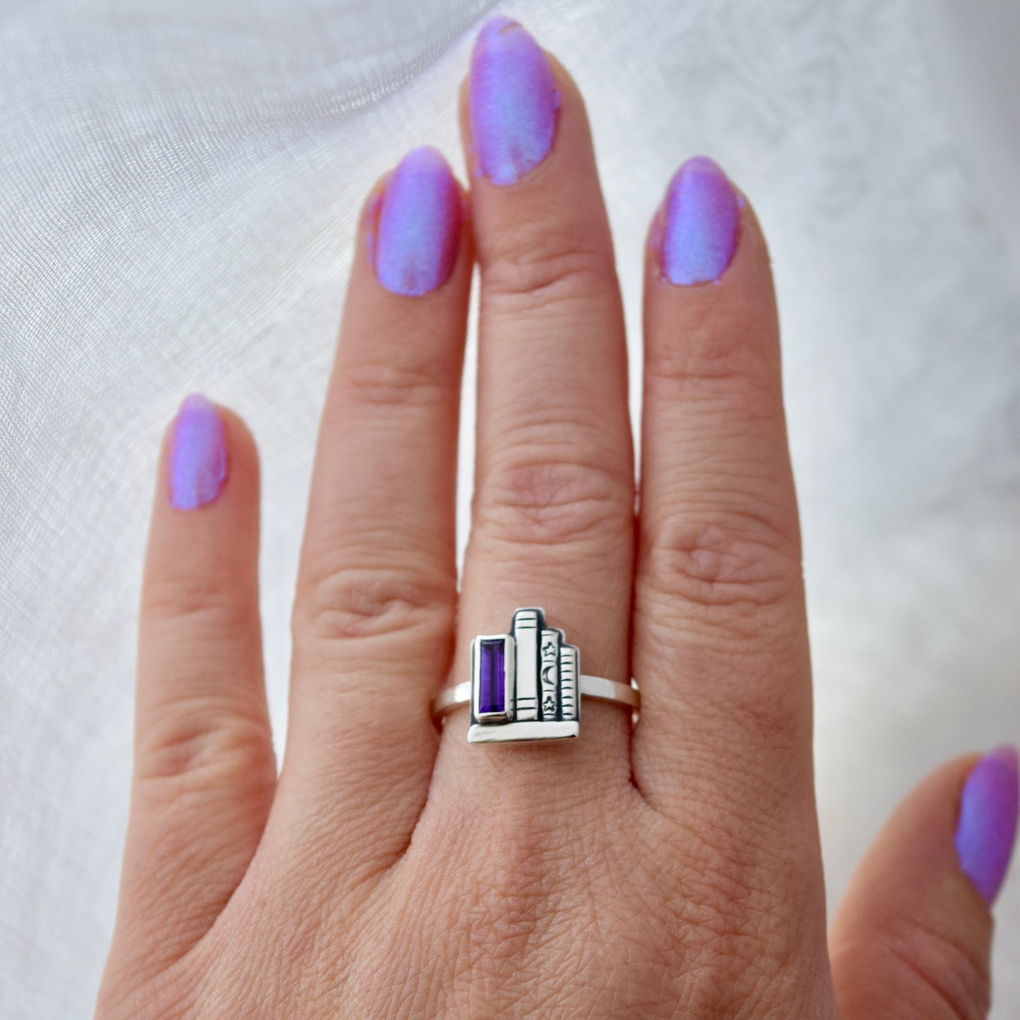 Mini Bookshelf Ring with Amethyst Size 9