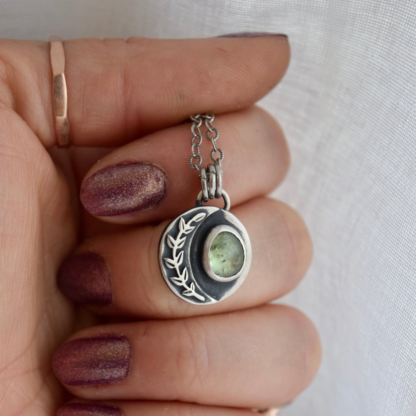 Double Sided Vine Lunar Phase Pendant with Green Kyanite