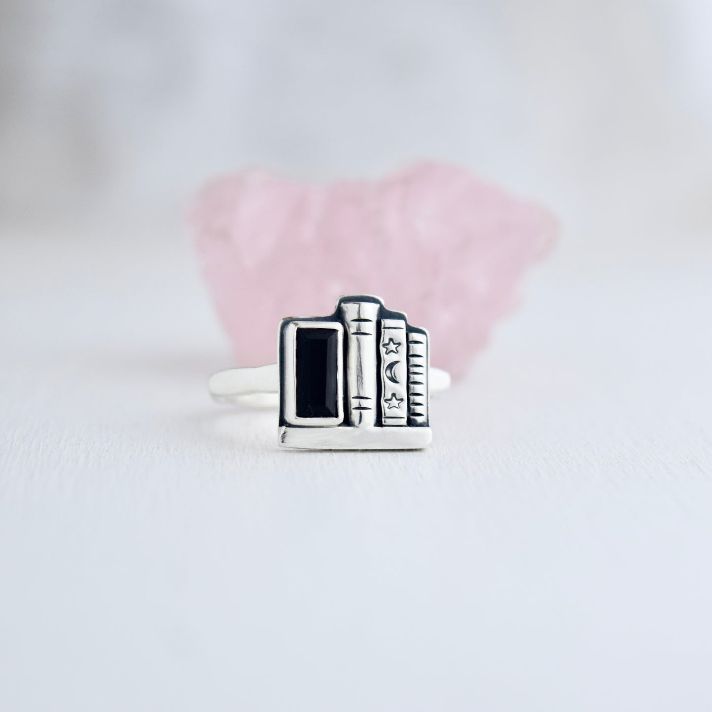 Bookshelf Ring with Faceted Black Onyx Size 8