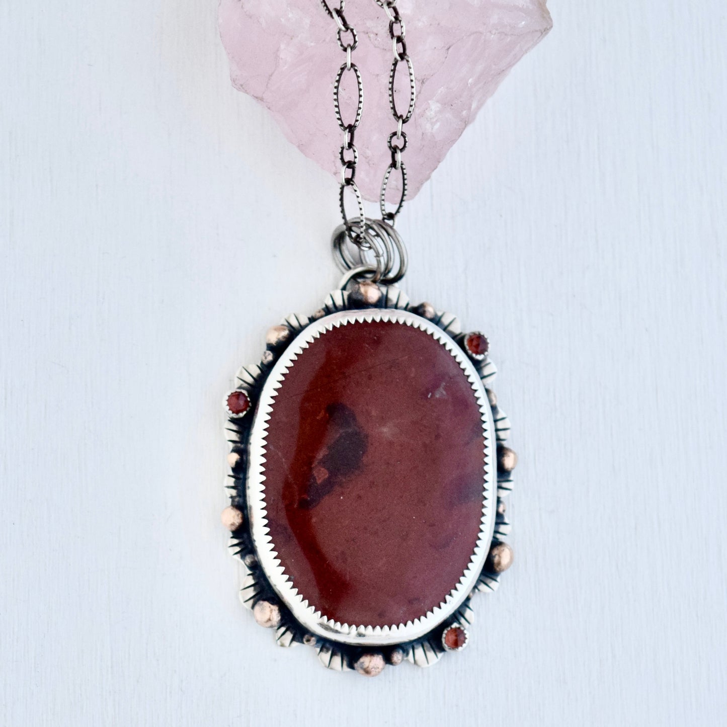 The Lion House Worry Stone Pendant with Red Jasper, Garnet, and Yellow Gold Fill