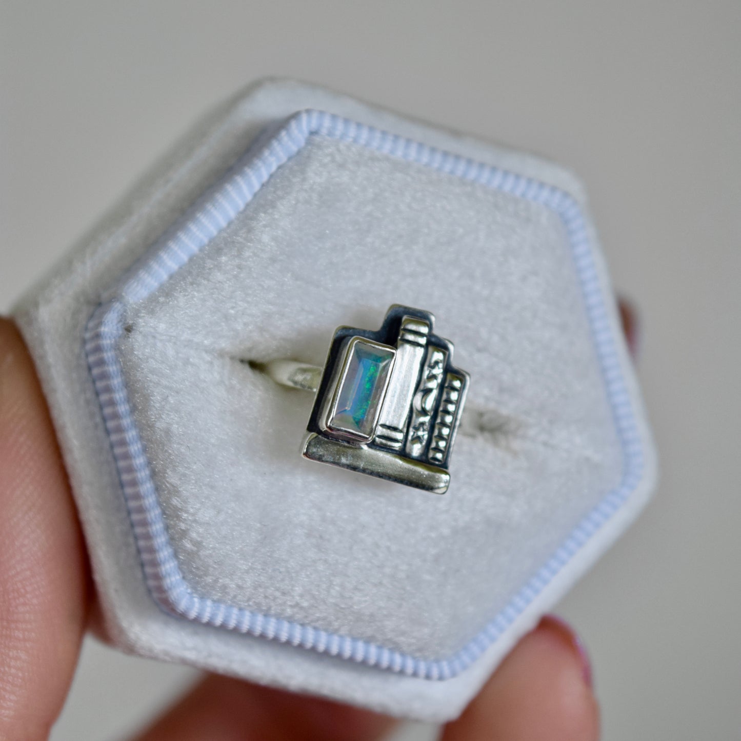Mini Bookshelf Ring with Ethiopian Opal Size 4.5