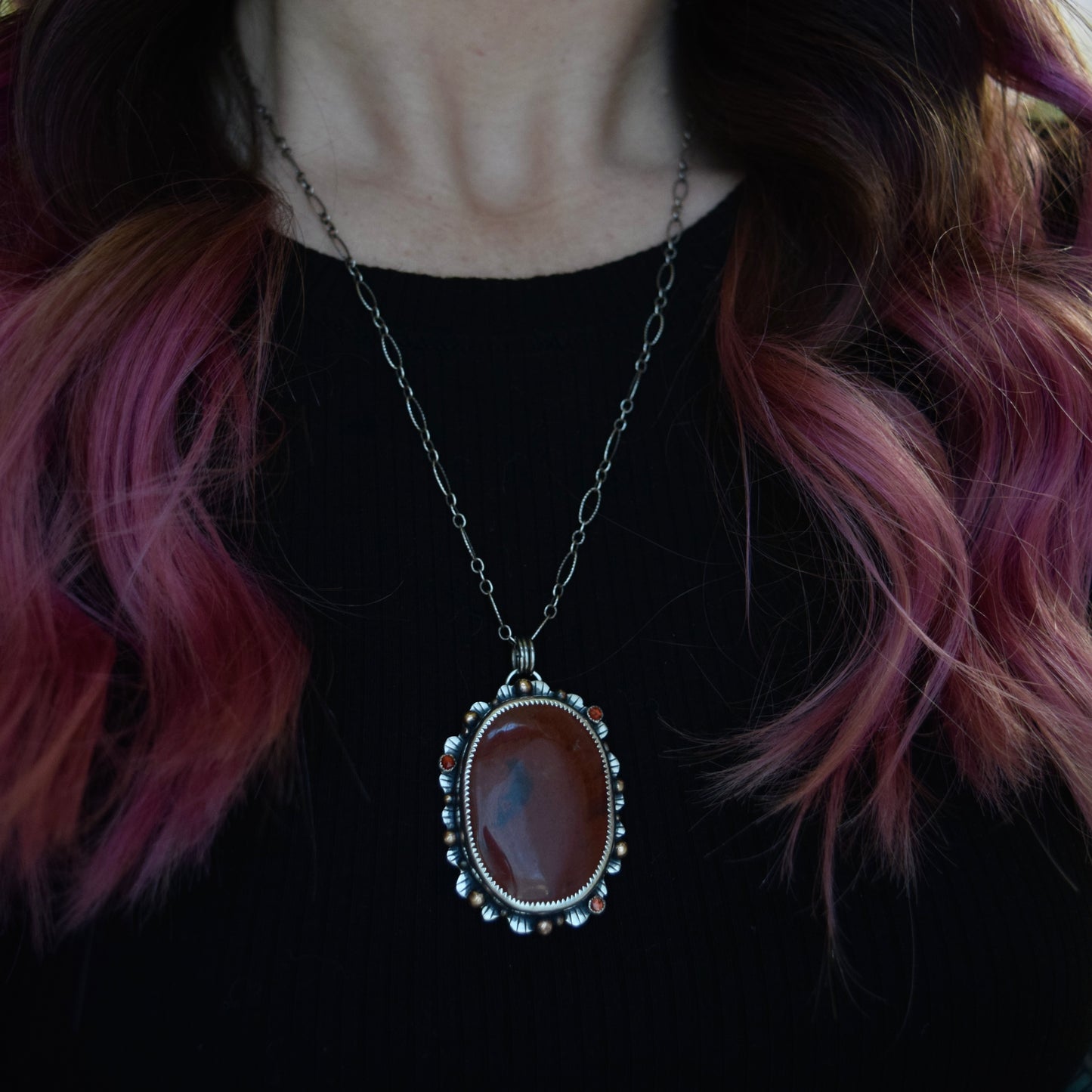 The Lion House Worry Stone Pendant with Red Jasper, Garnet, and Yellow Gold Fill