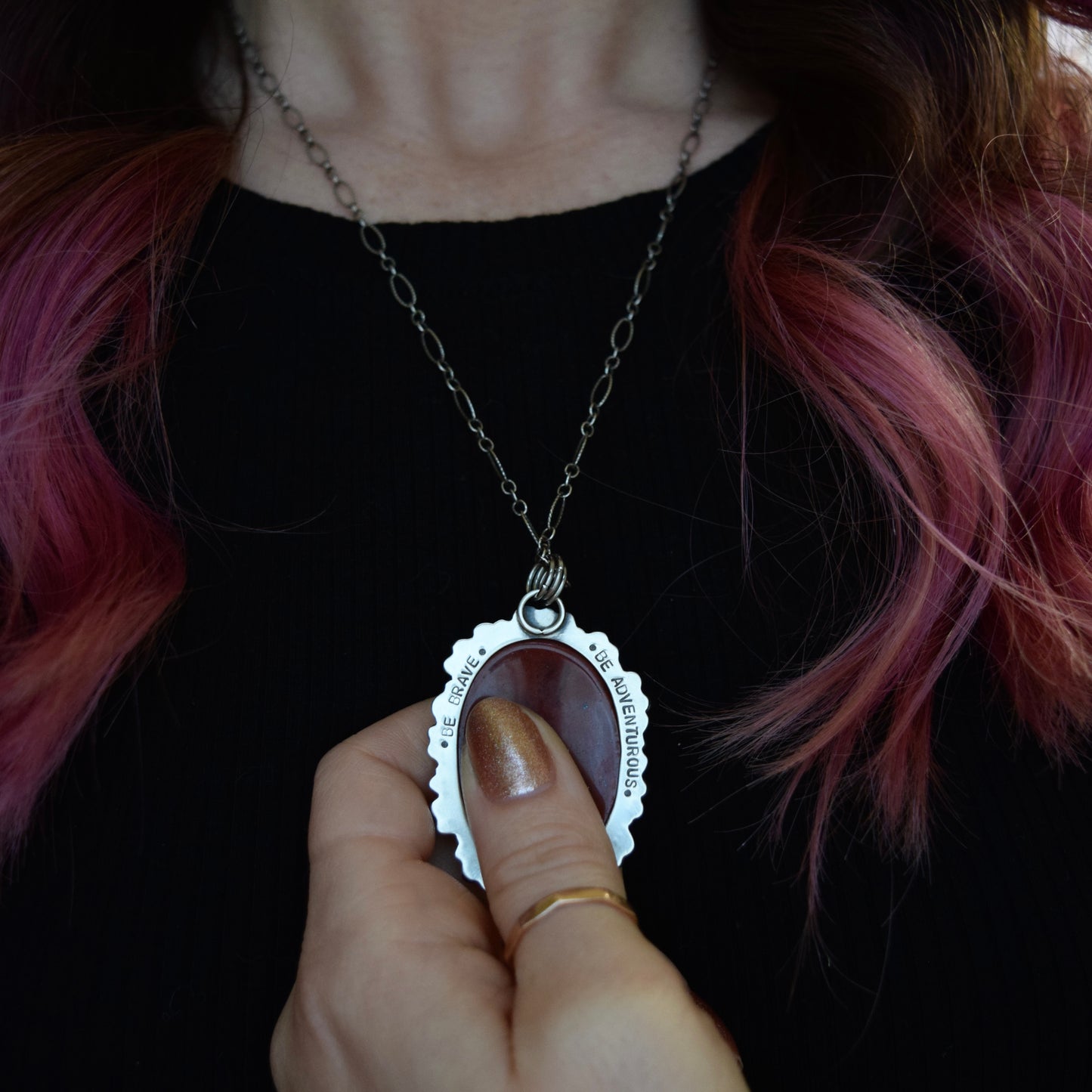 The Lion House Worry Stone Pendant with Red Jasper, Garnet, and Yellow Gold Fill