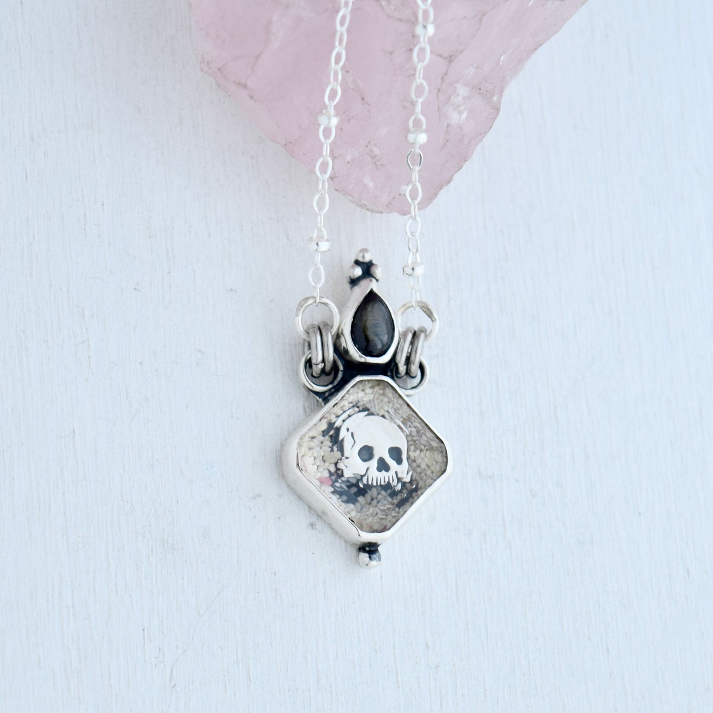 Message in a Bottle Necklace with Black Star Sapphire, Clear Quartz, and Horseshoe Bay Bermuda Sand