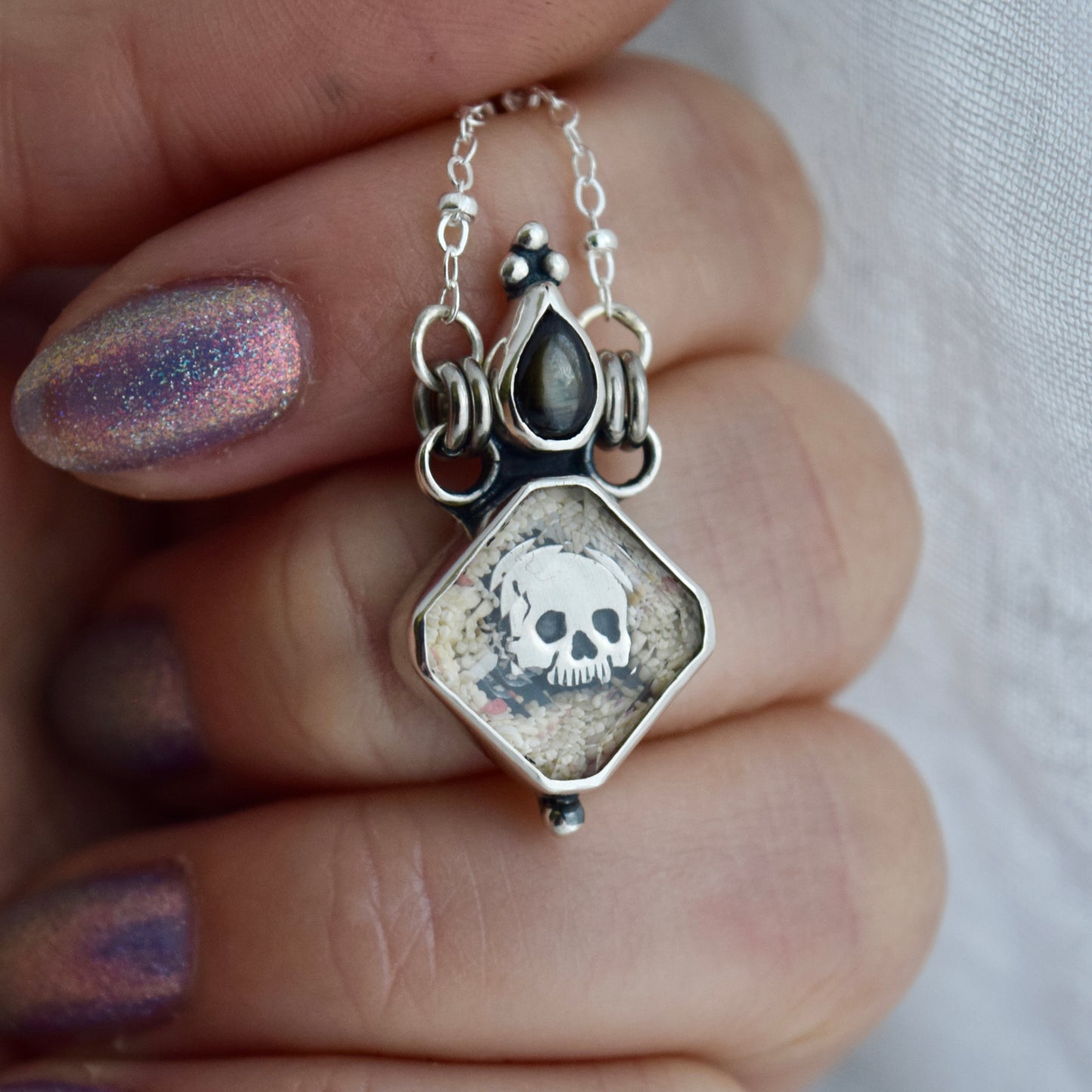 Message in a Bottle Necklace with Black Star Sapphire, Clear Quartz, and Horseshoe Bay Bermuda Sand