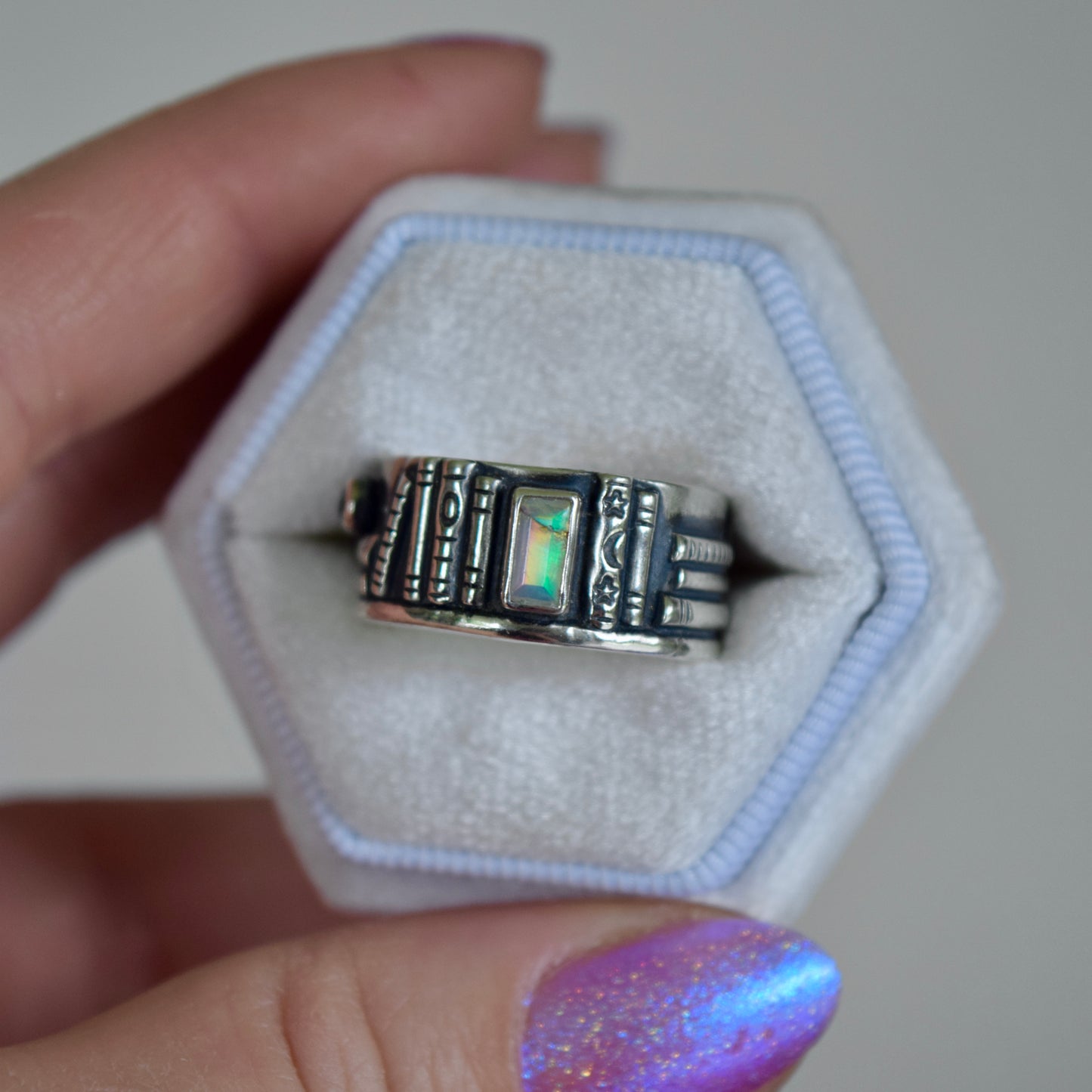 Bookshelf Ring Band with Kintsugi Repaired Ethiopian Opal and Rainbow Moonstone Size 6.5