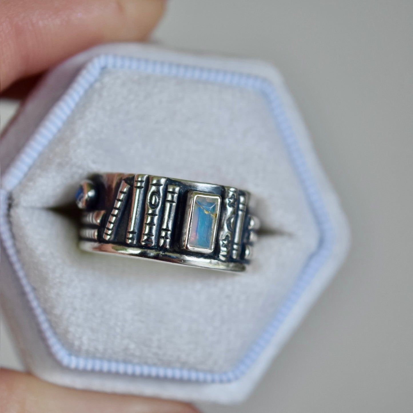 Bookshelf Ring Band with Kintsugi Repaired Ethiopian Opal and Rainbow Moonstone Size 6.5