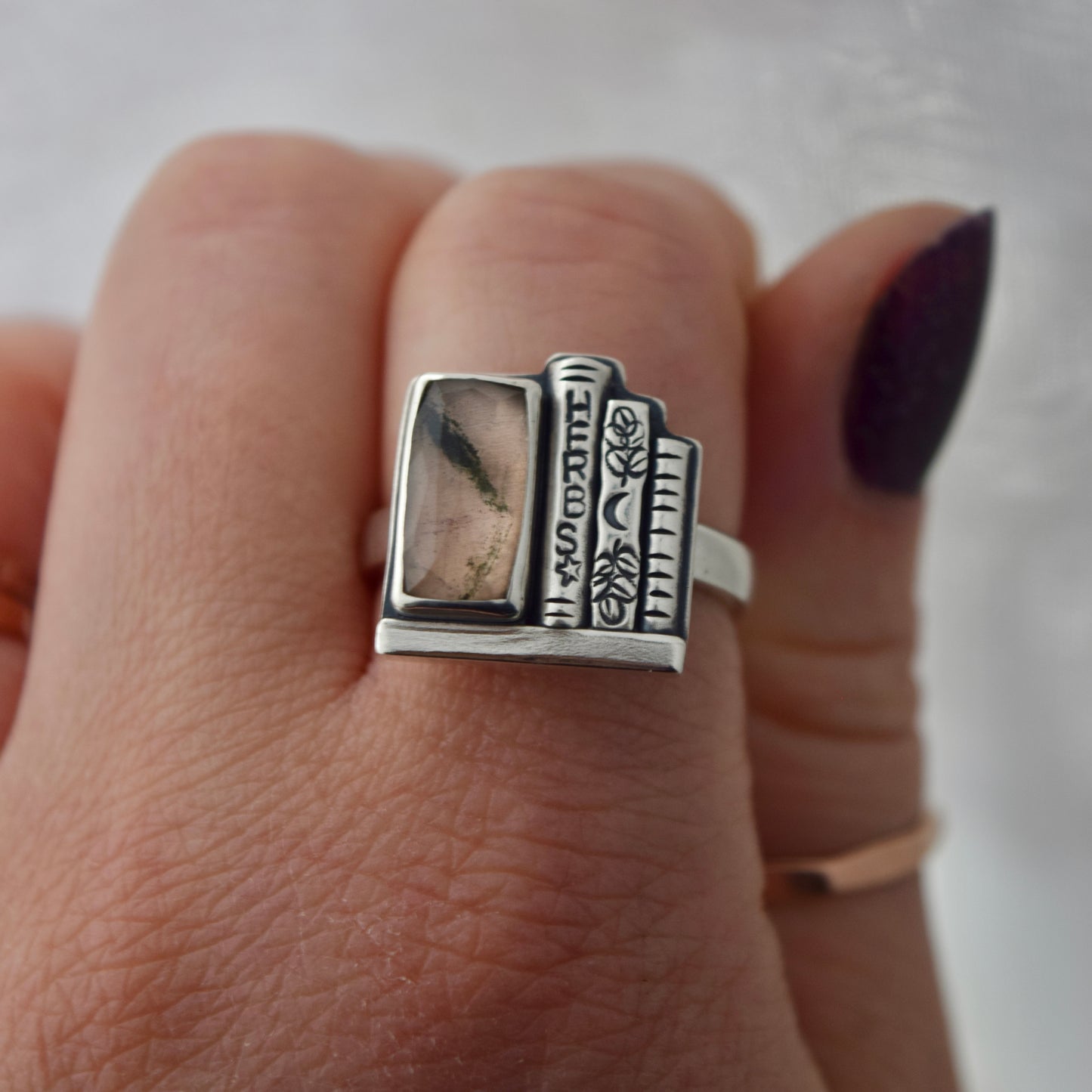 Bookshelf Ring with Lodolite set over Rose Gold Fill Size 8.5