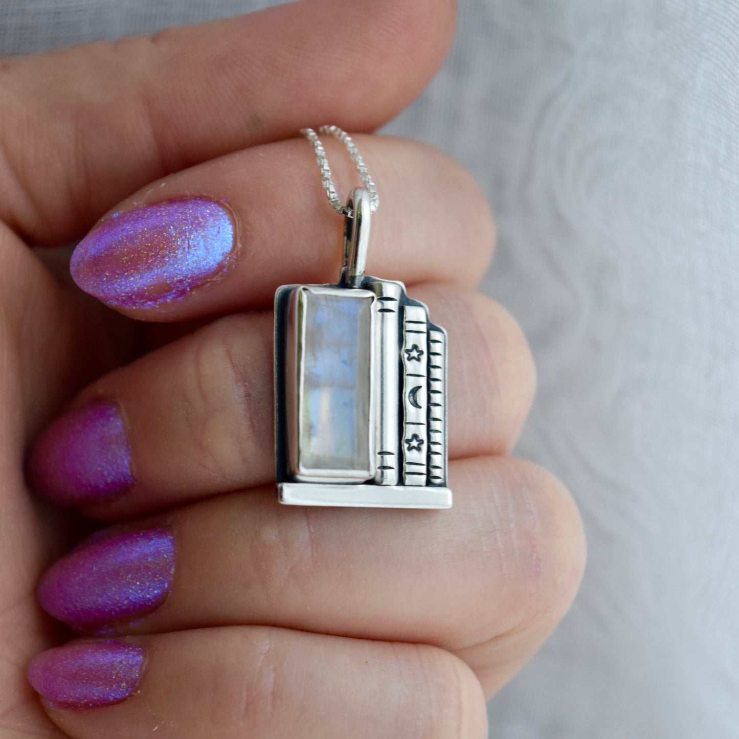 Bookshelf Necklace with Rainbow Moonstone