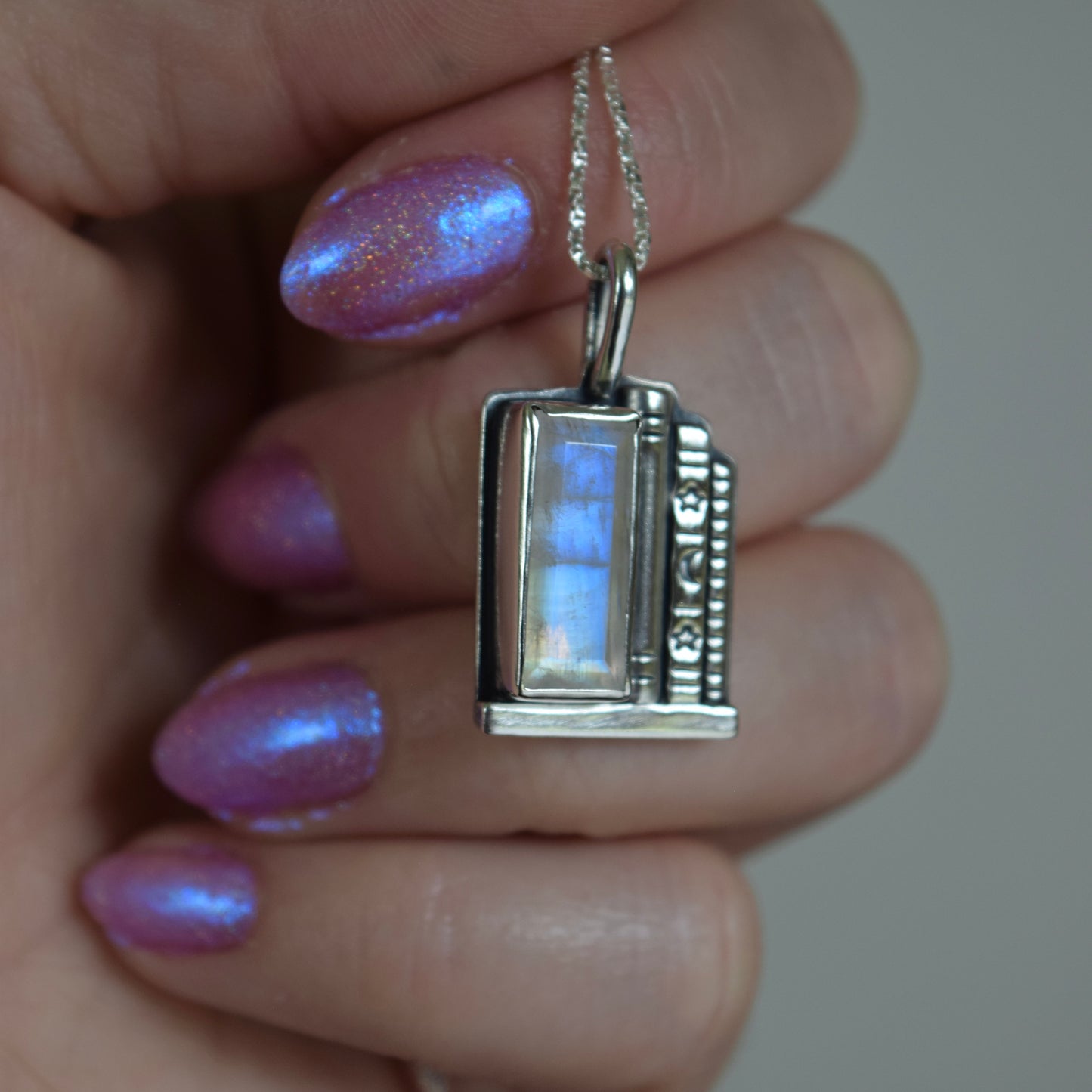 Bookshelf Necklace with Rainbow Moonstone