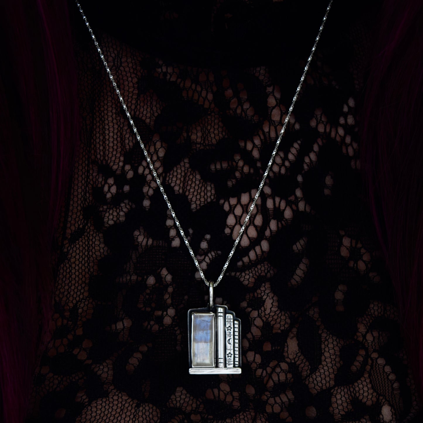 Bookshelf Necklace with Rainbow Moonstone