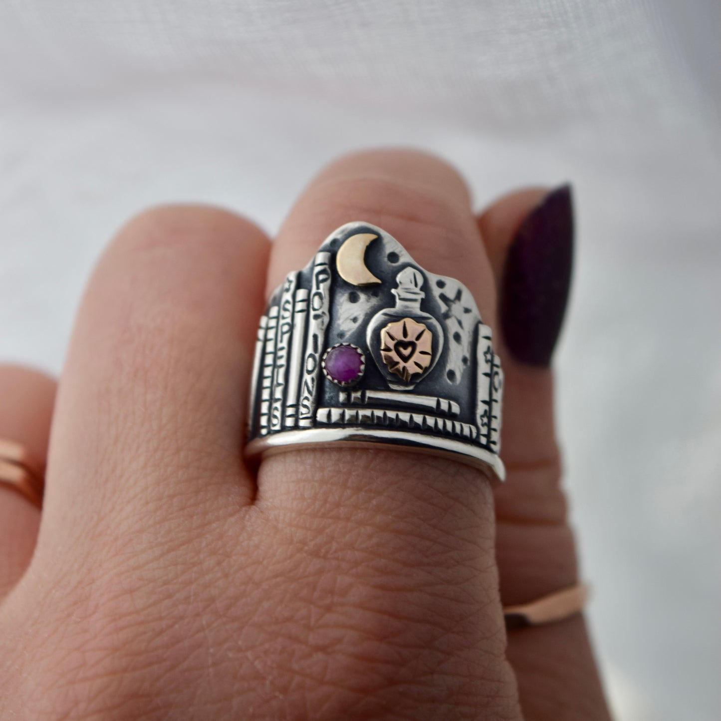 Love Spell Potion Library Shield Ring with Gold Fill and Pink Sapphire Size 9