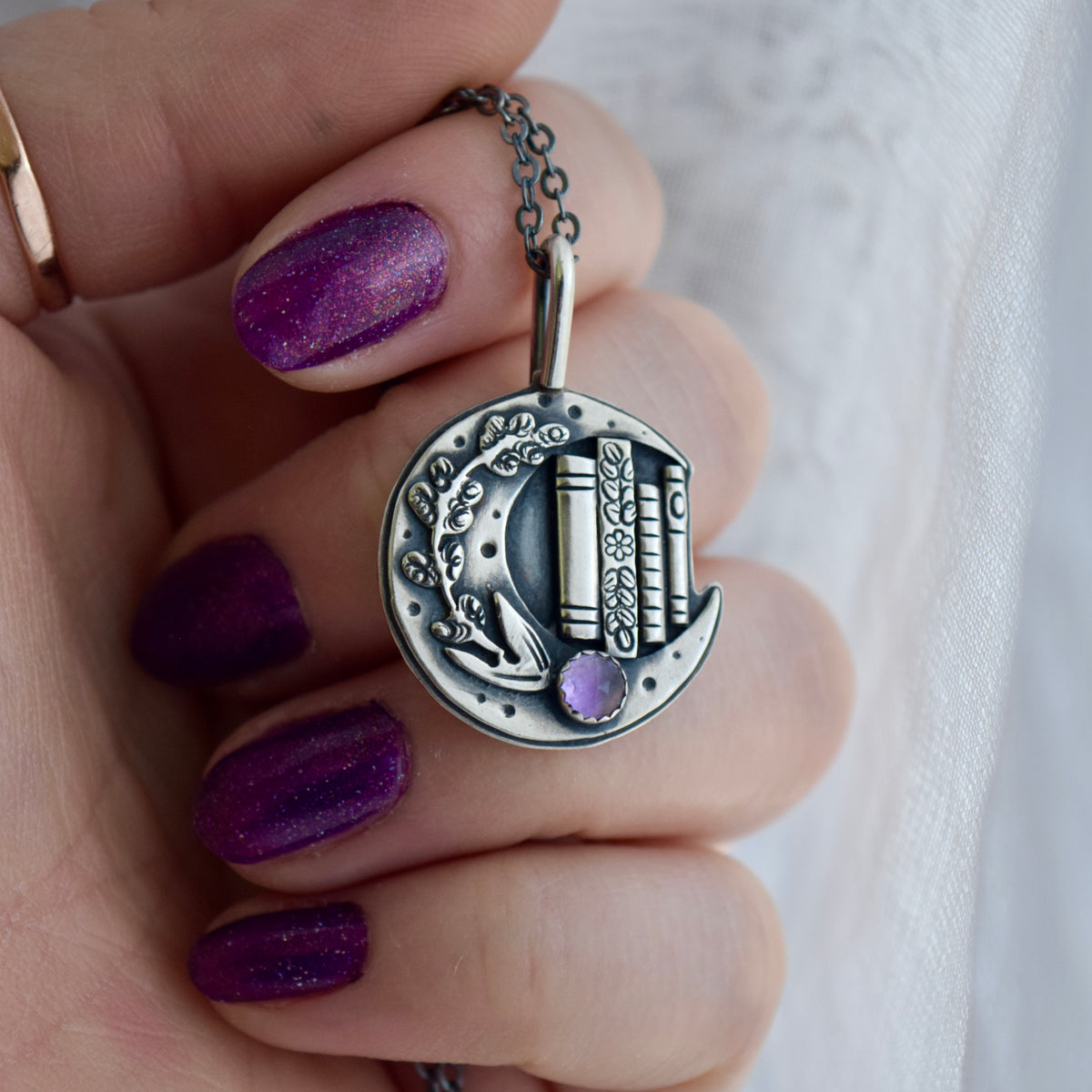 Lunar Lavender Bookshelf Necklace with Amethyst